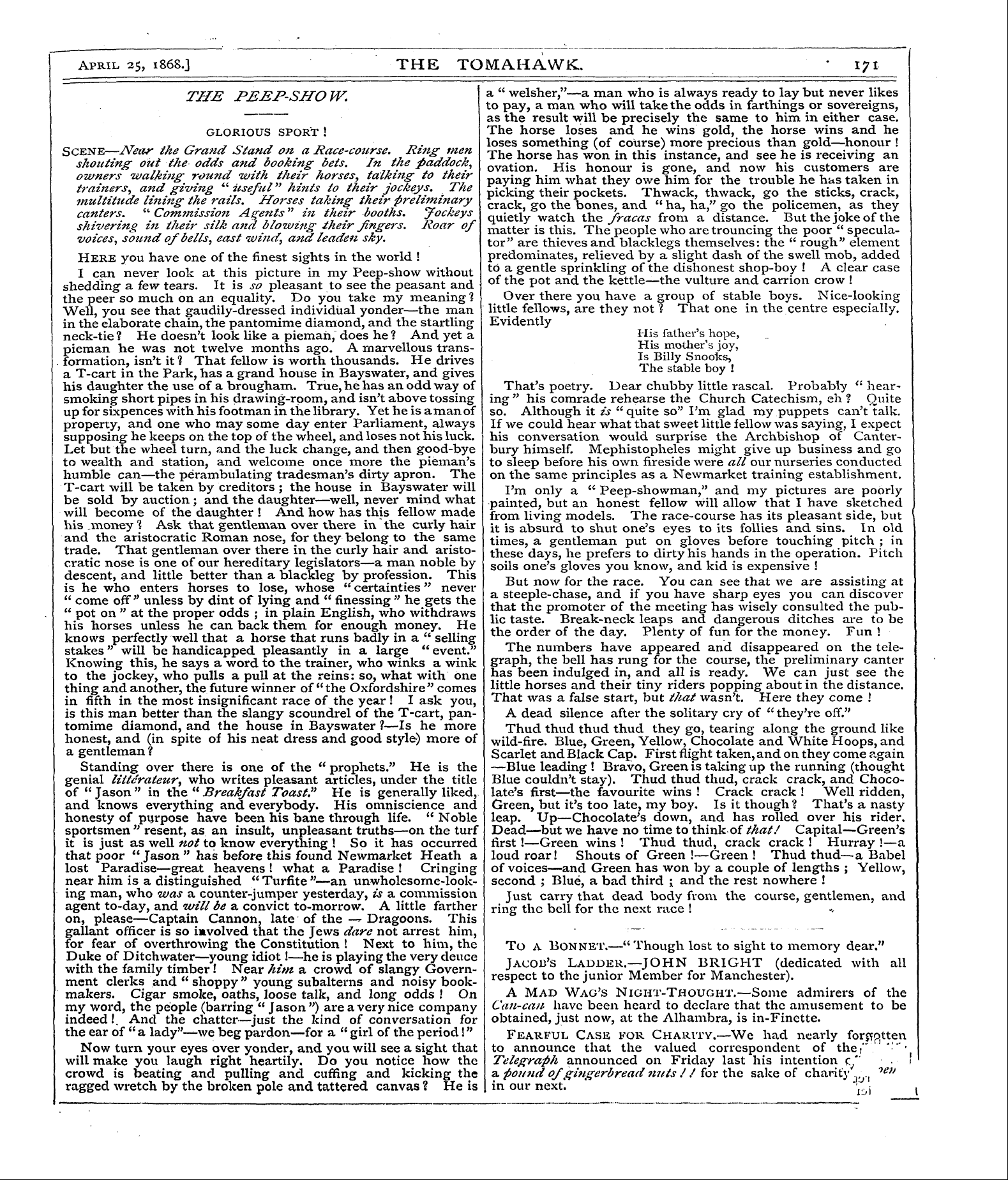 Tomahawk (1867-1870): jS F Y, 1st edition - April 25, 1868.J The Tomahawk. * 171