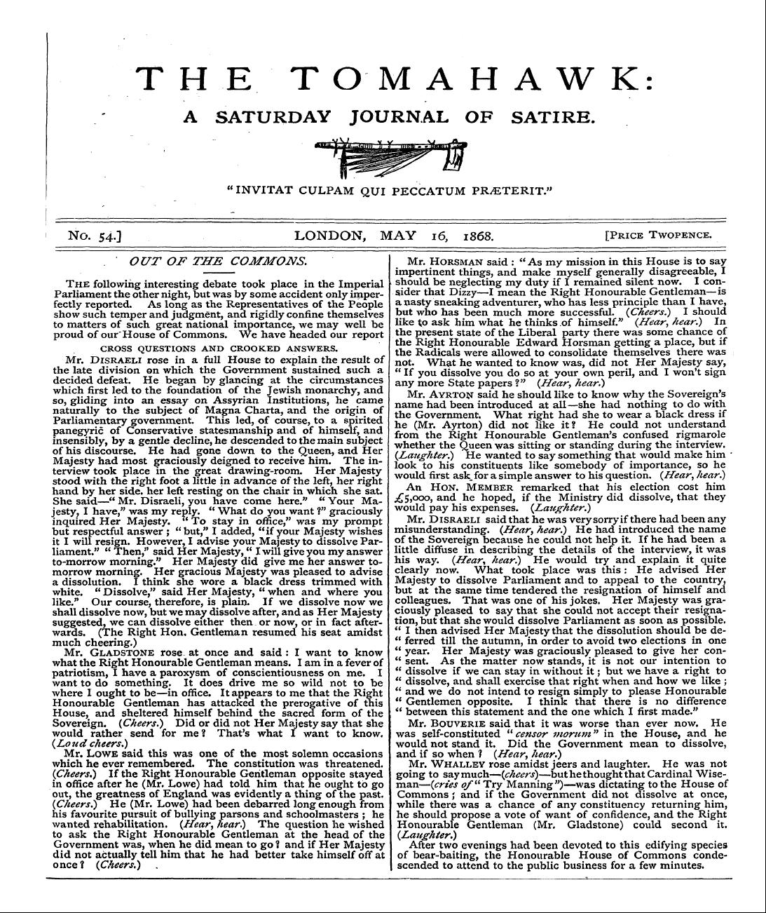 Tomahawk (1867-1870): jS F Y, 1st edition - The Tomahawk: A Saturday Journal Of Sati...