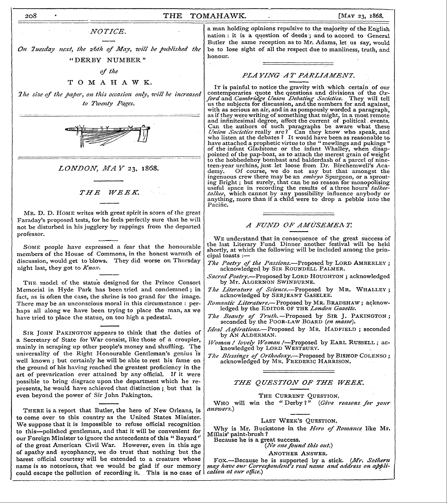 Tomahawk (1867-1870): jS F Y, 1st edition - London, Ma Y 23, 1868.