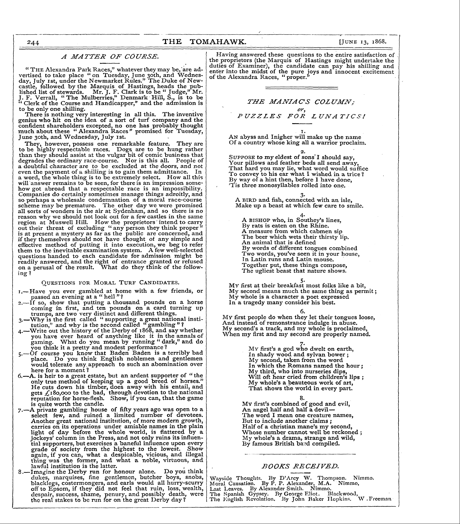 Tomahawk (1867-1870): jS F Y, 1st edition - 244 The Tomahawk. [June 13, 1868.