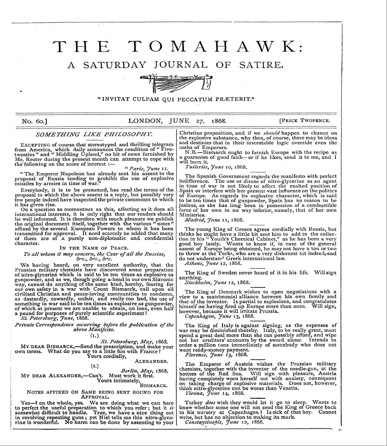Tomahawk (1867-1870): jS F Y, 1st edition - No. 60.] London, June 27, 1868. [Price T...