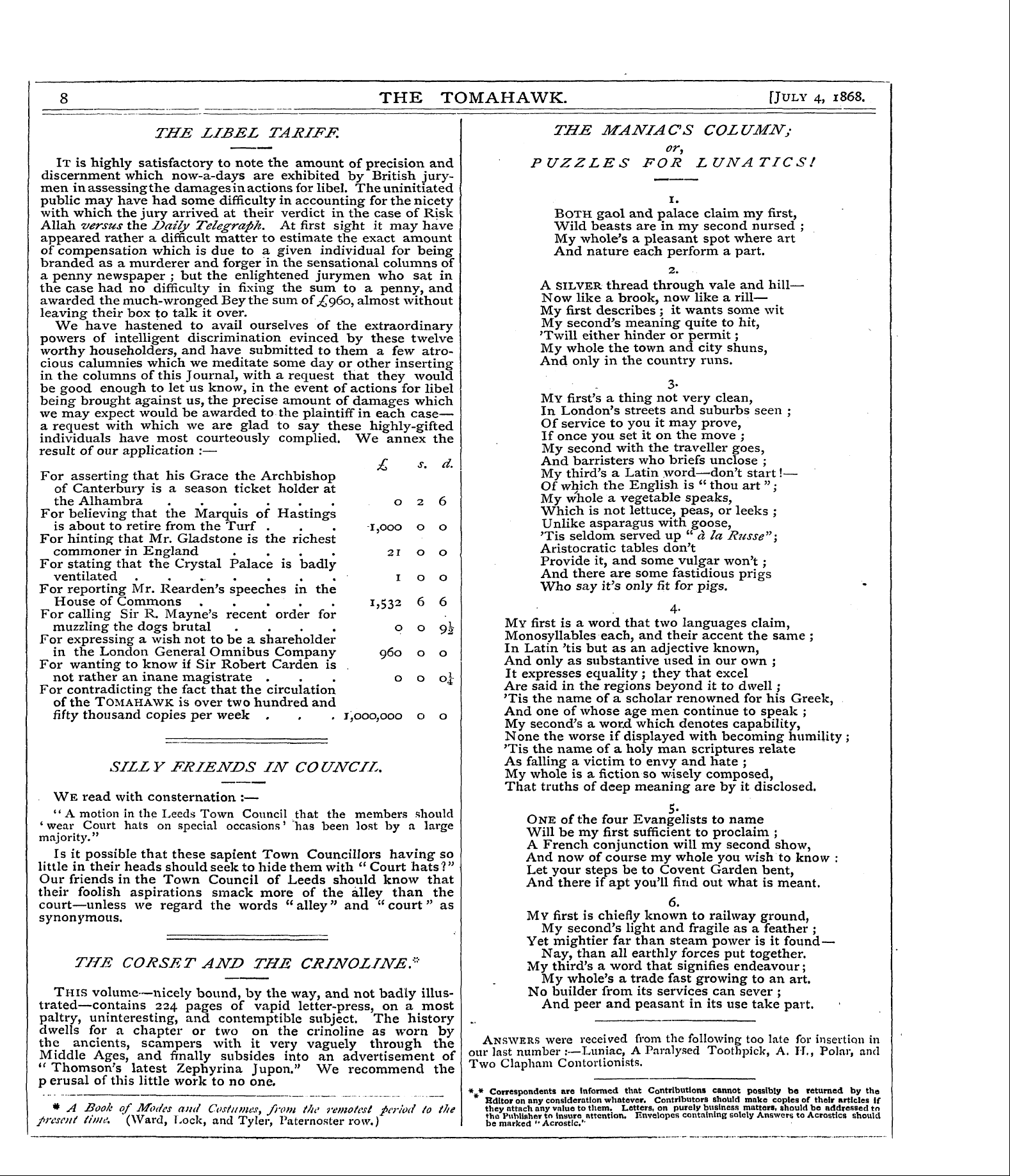 Tomahawk (1867-1870): jS F Y, 1st edition - The Corset And The Crinoline:'