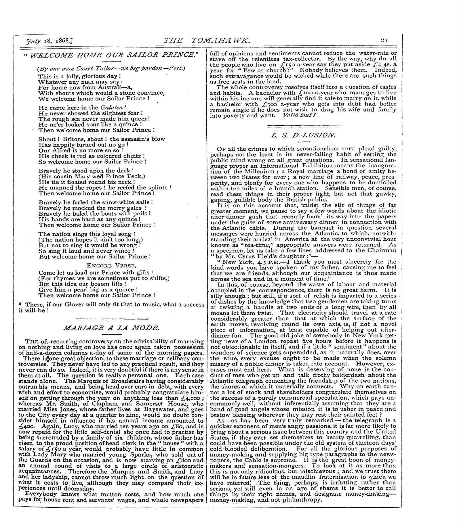 Tomahawk (1867-1870): jS F Y, 1st edition - L. S. N-Lusioxr.