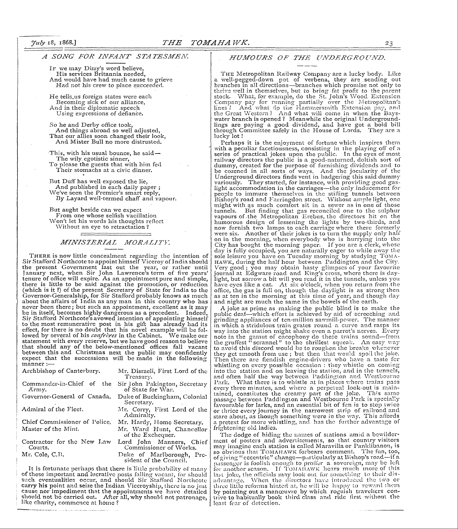 Tomahawk (1867-1870): jS F Y, 1st edition - . Humours Of The Underground.