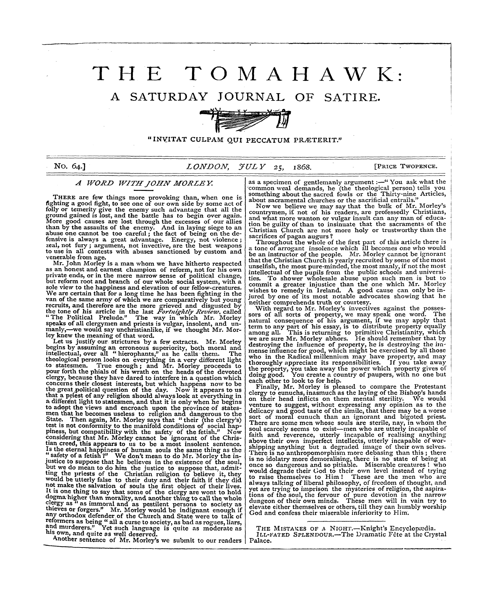 Tomahawk (1867-1870): jS F Y, 1st edition - The Tomahawk: A Saturday Journal Of Sati...