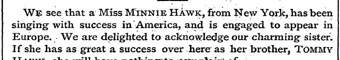 We see that a Miss Minnie Hawk, from New...