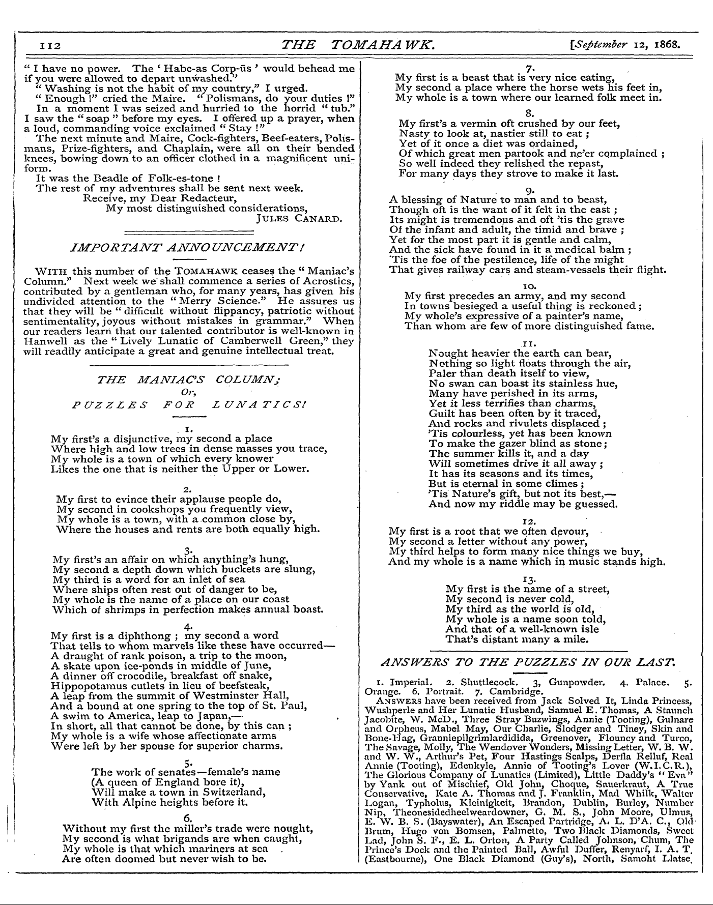 Tomahawk (1867-1870): jS F Y, 1st edition - Important Announcement7