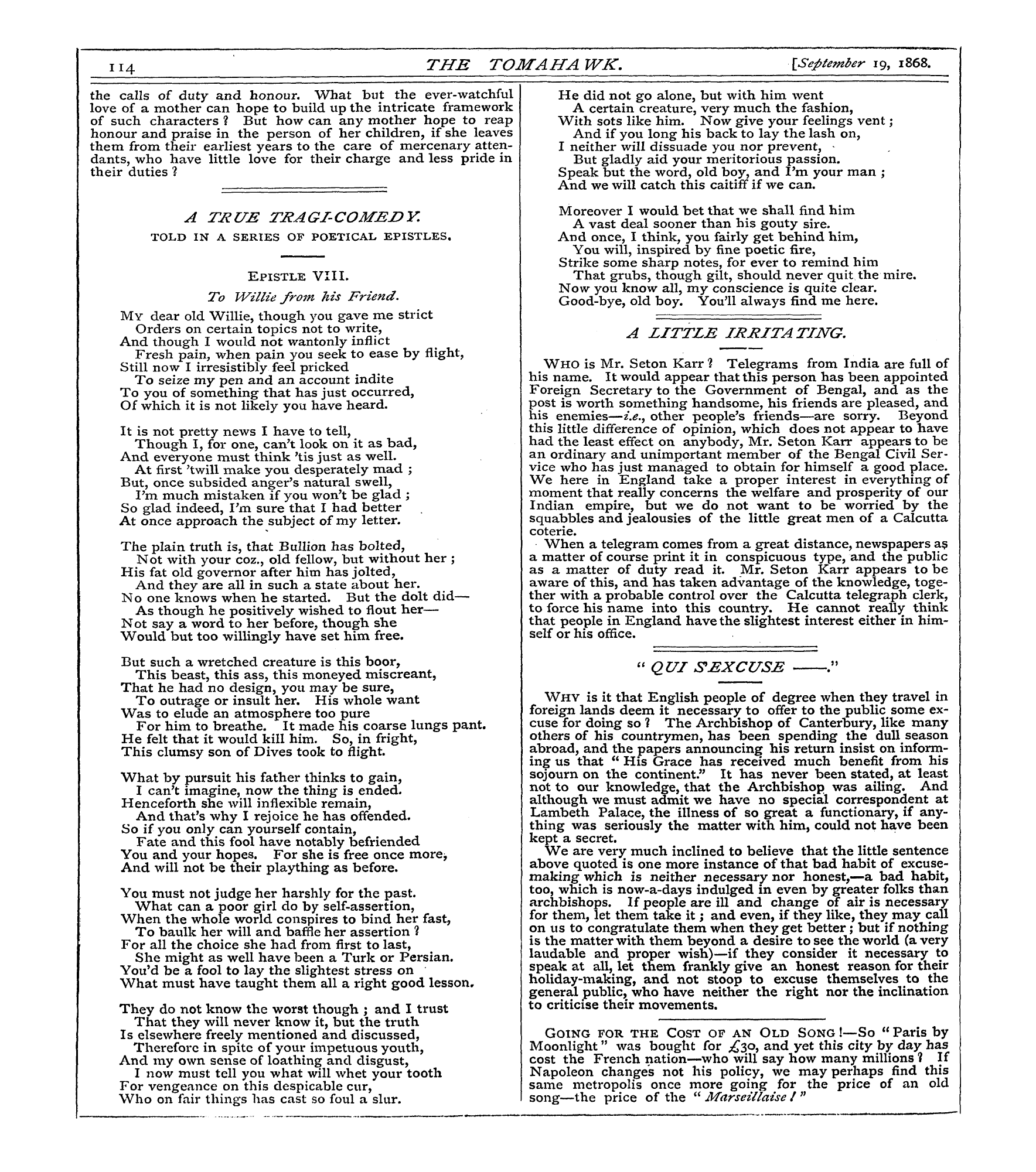 Tomahawk (1867-1870): jS F Y, 1st edition - A Littjlm Irritating.
