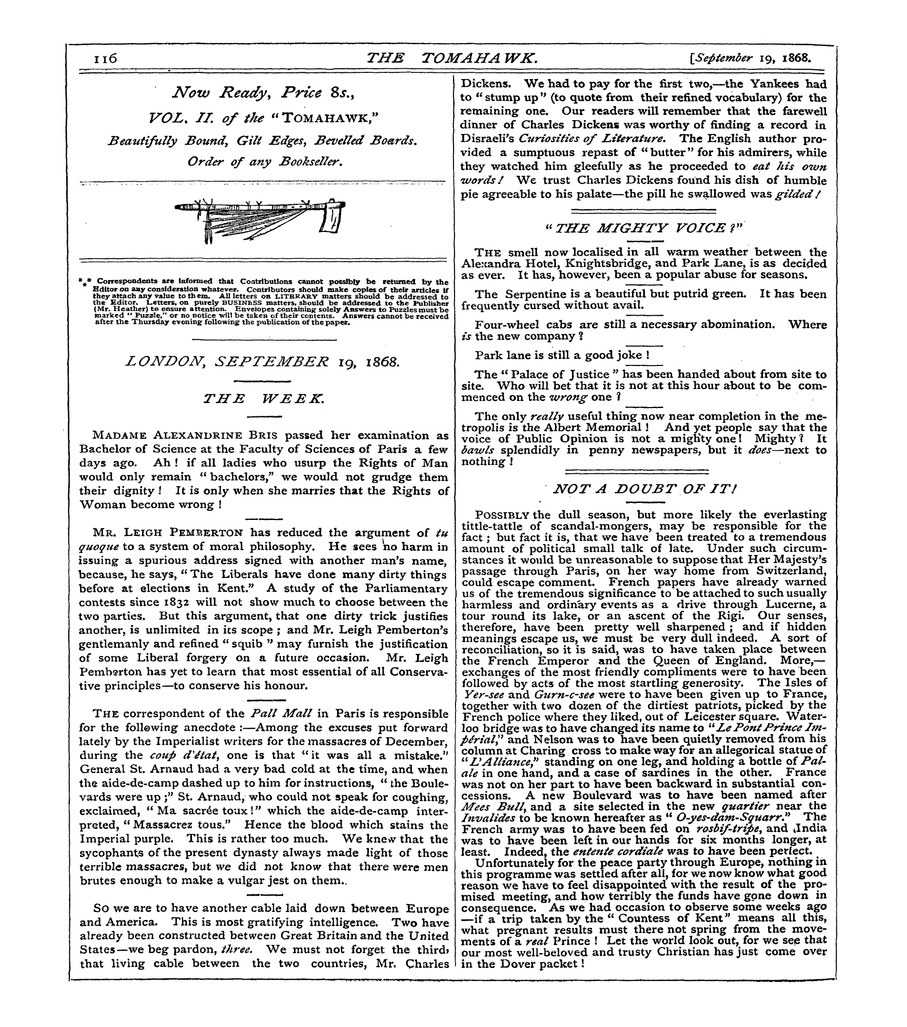Tomahawk (1867-1870): jS F Y, 1st edition - London, September 19, 1868.