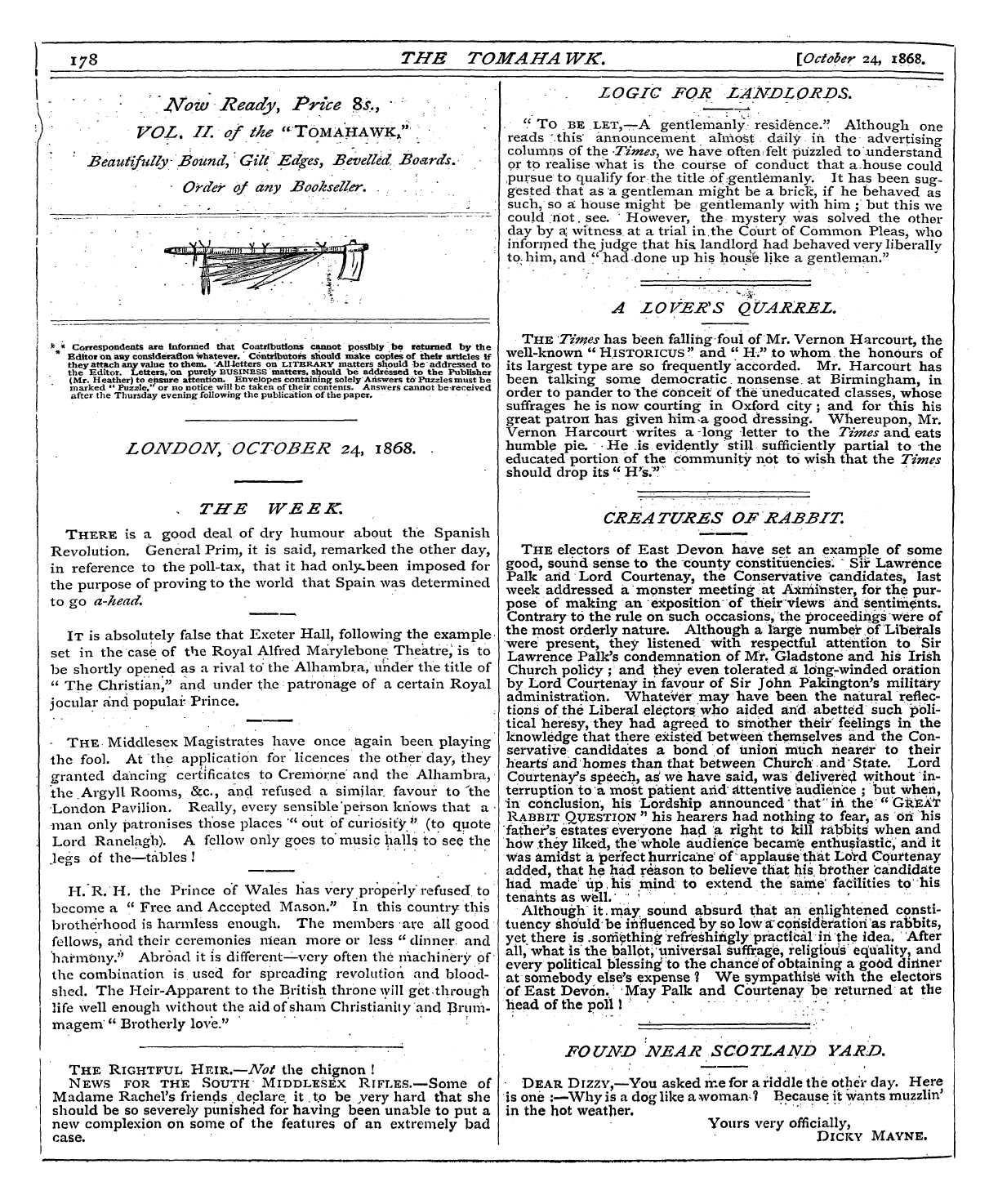 Tomahawk (1867-1870): jS F Y, 1st edition: 6