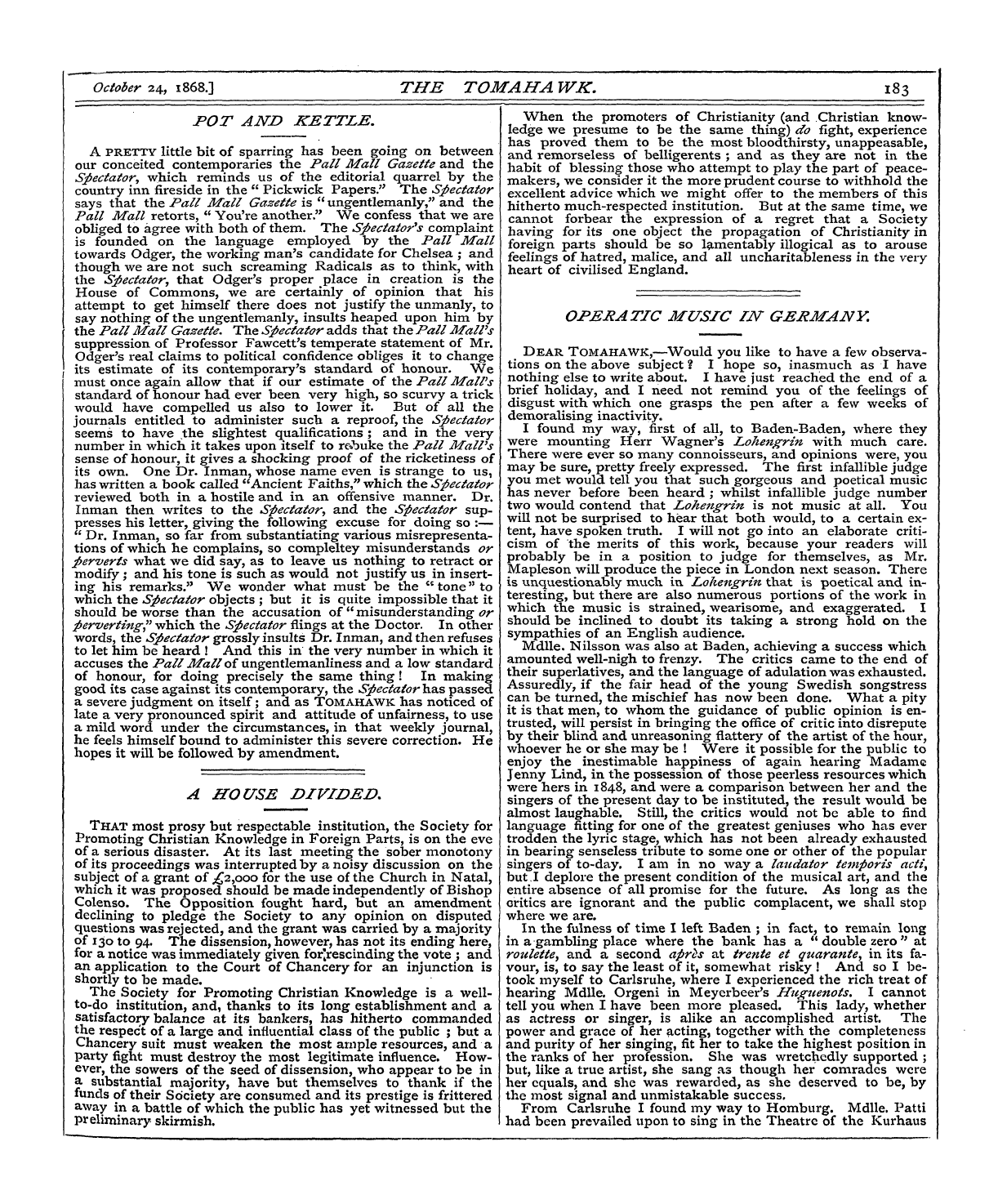 Tomahawk (1867-1870): jS F Y, 1st edition - Pot And Kettle.