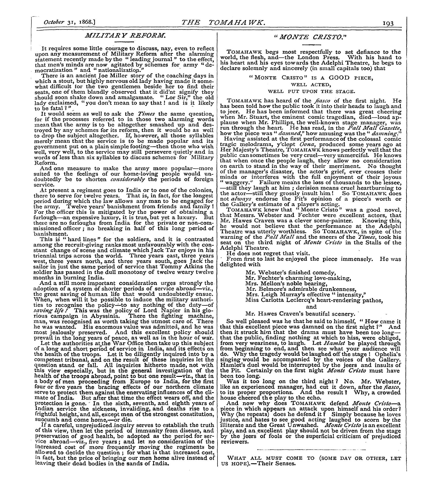 Tomahawk (1867-1870): jS F Y, 1st edition - " Monte Cristo".