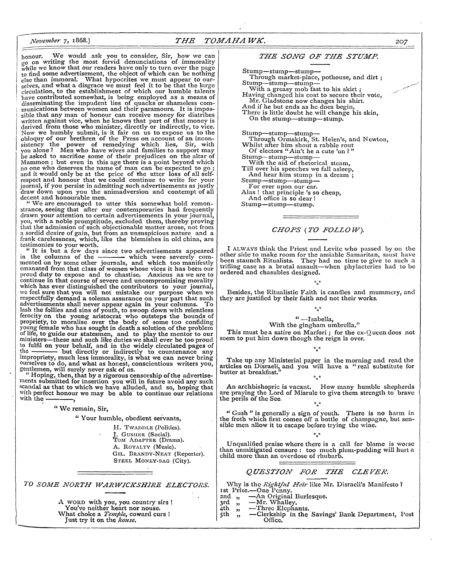 Tomahawk (1867-1870): jS F Y, 1st edition - November 7, 1868.] The Tom Ah A Wk. 207