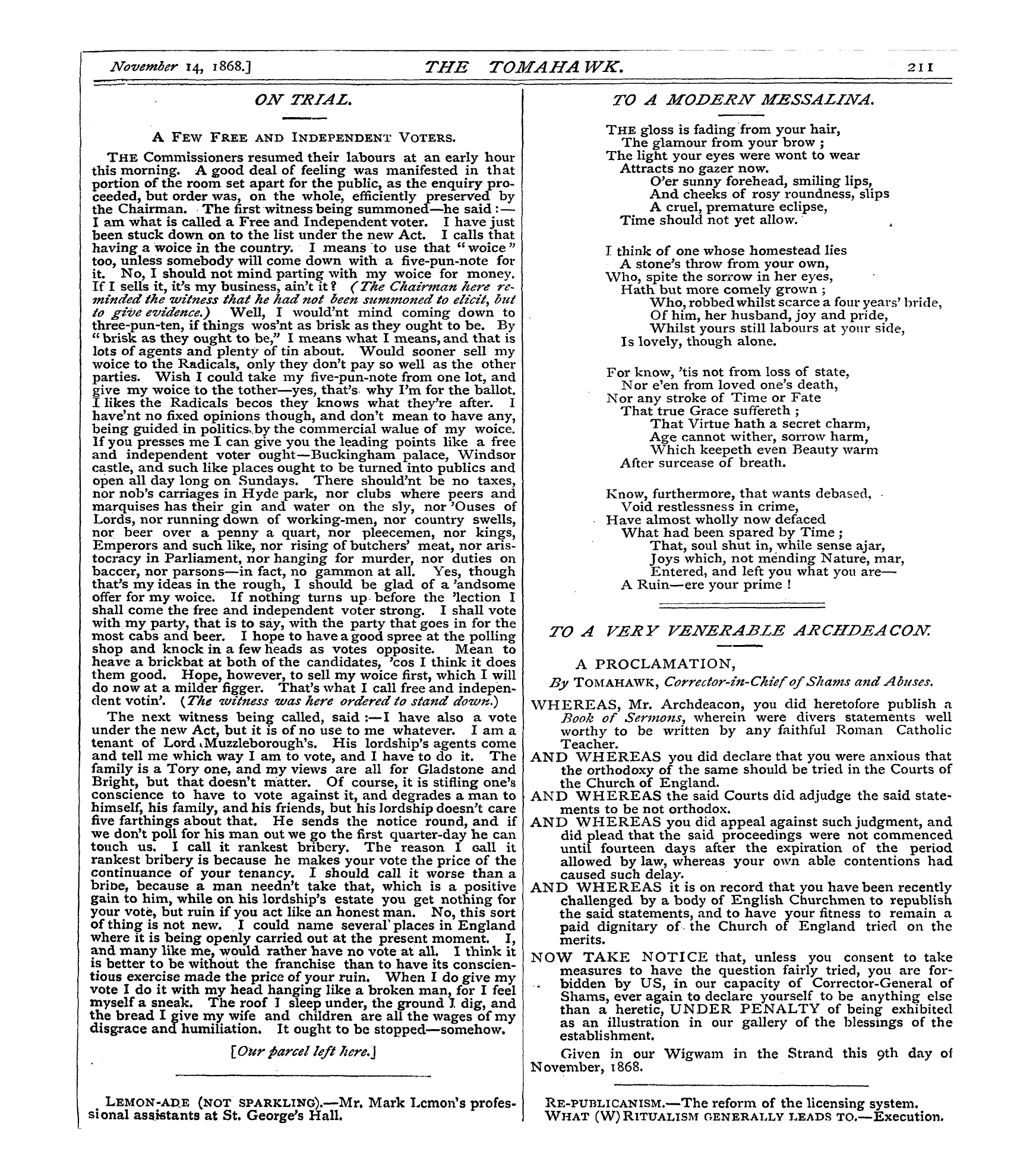 Tomahawk (1867-1870): jS F Y, 1st edition - A Proclamation, By Tomahawk, Corrector-I...