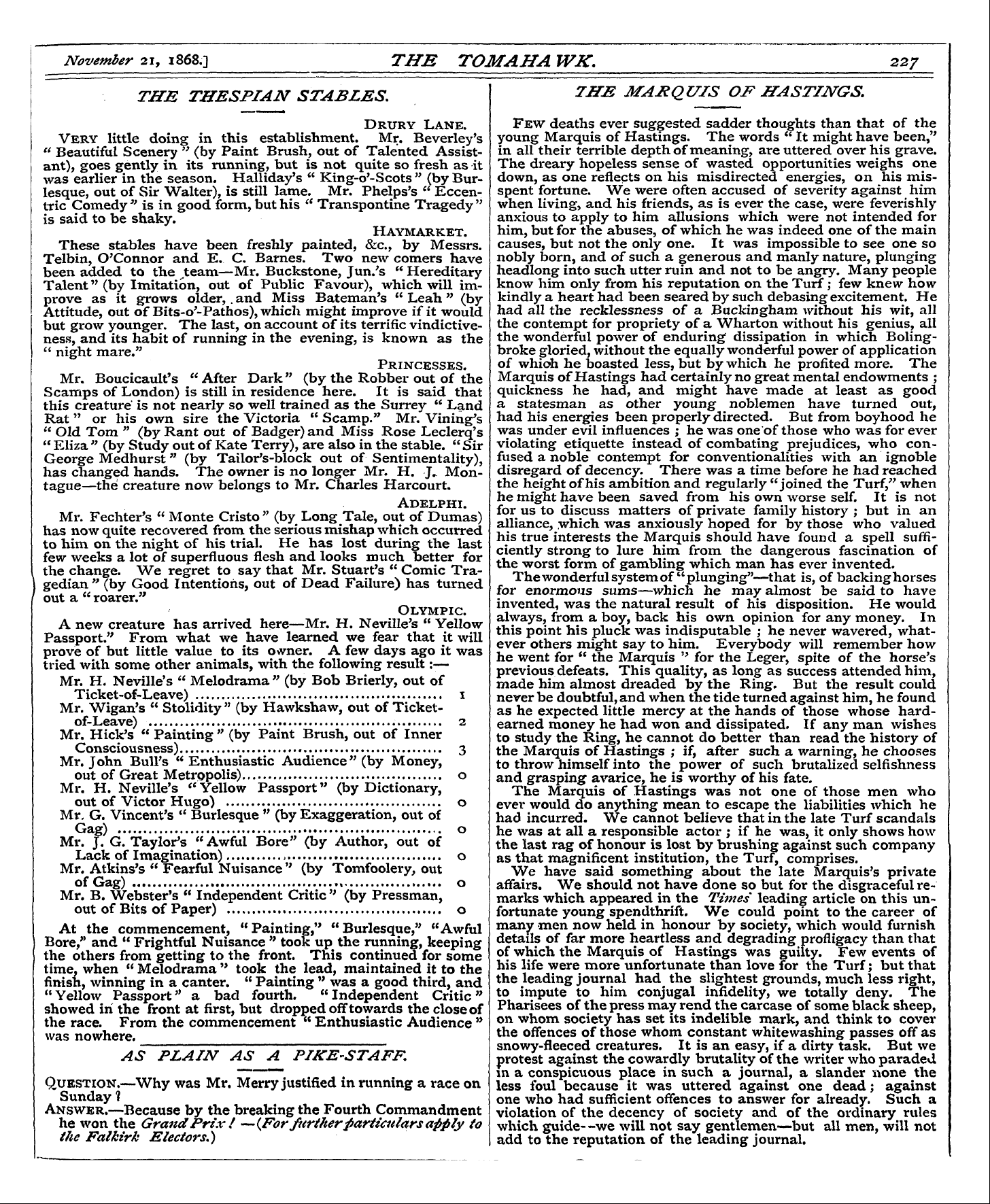 Tomahawk (1867-1870): jS F Y, 1st edition - November 21 , 1868.] The Tomaha Wk. 227