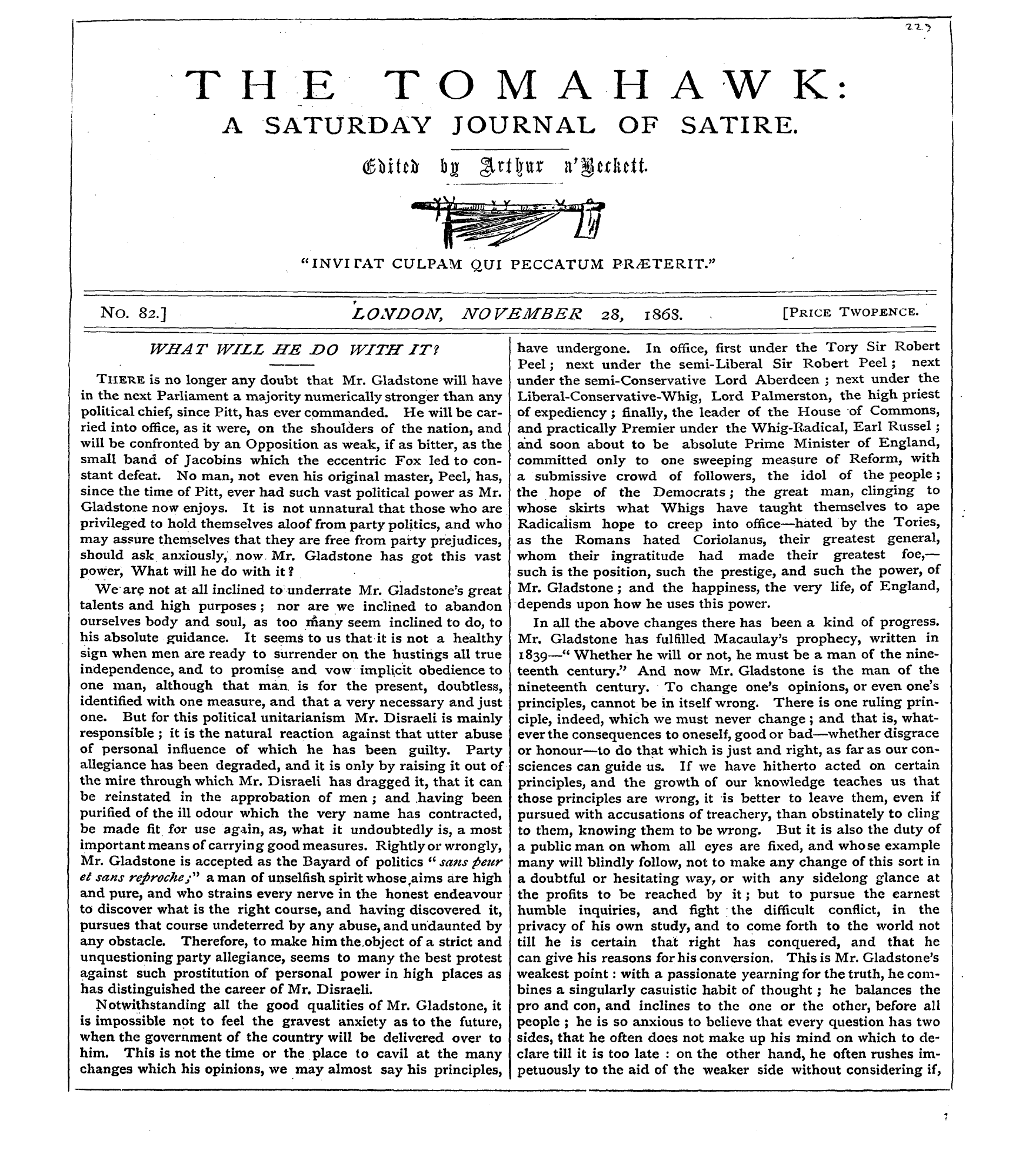 Tomahawk (1867-1870): jS F Y, 1st edition - There Is No Longer Any Doubt That Mr. Gl...