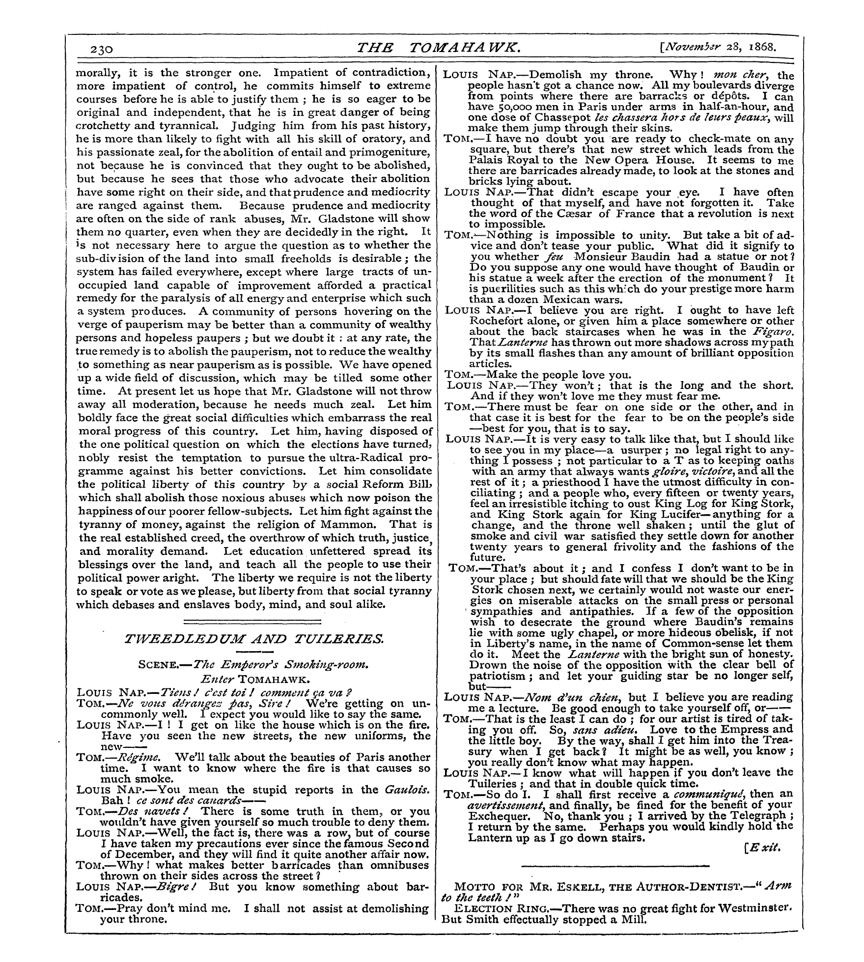 Tomahawk (1867-1870): jS F Y, 1st edition - 23o The To Ma Ha Wk. Inovembtr 28, 1868.