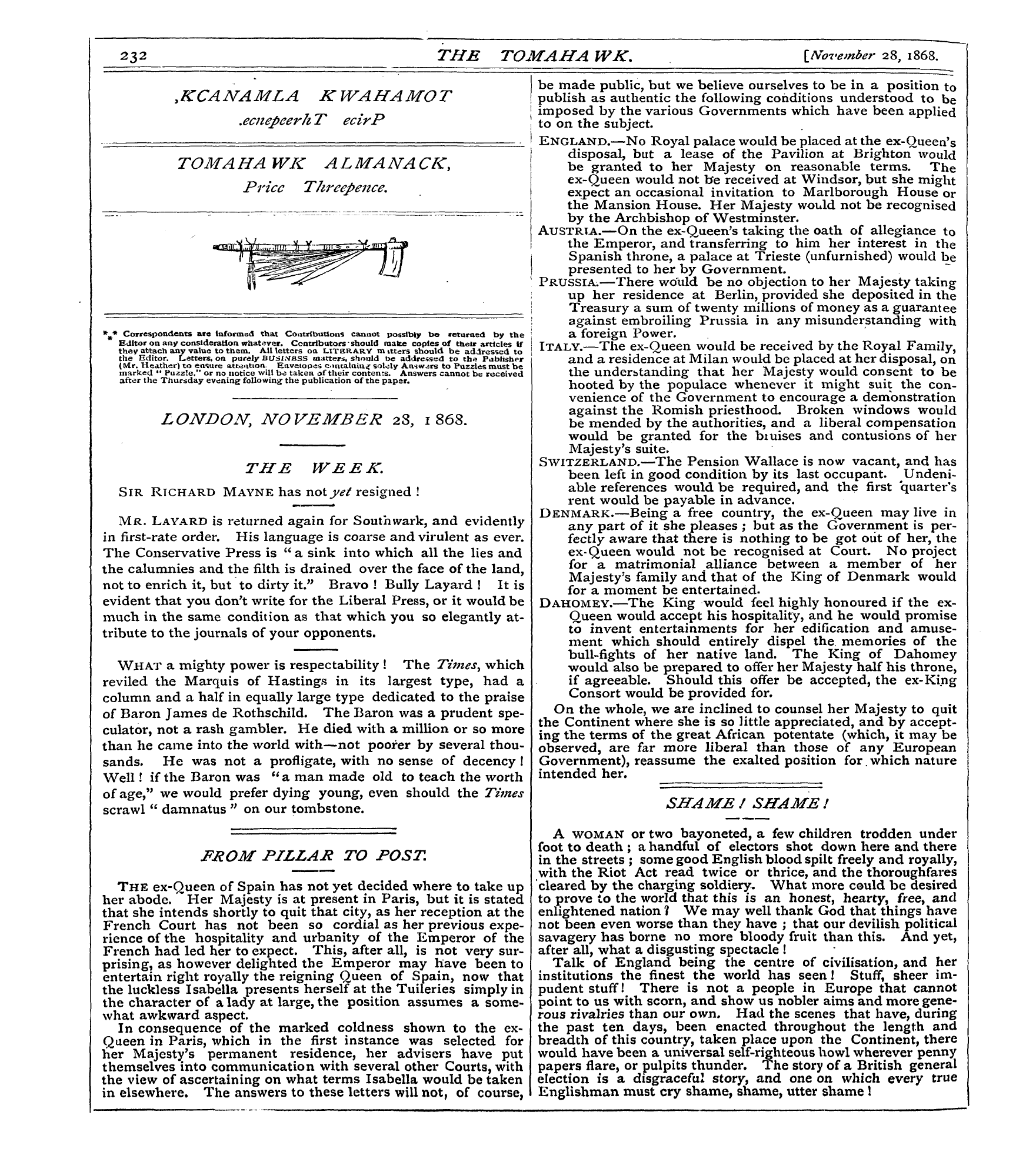 Tomahawk (1867-1870): jS F Y, 1st edition - Sir Richard Mayne Has Notj/Et Resigned !