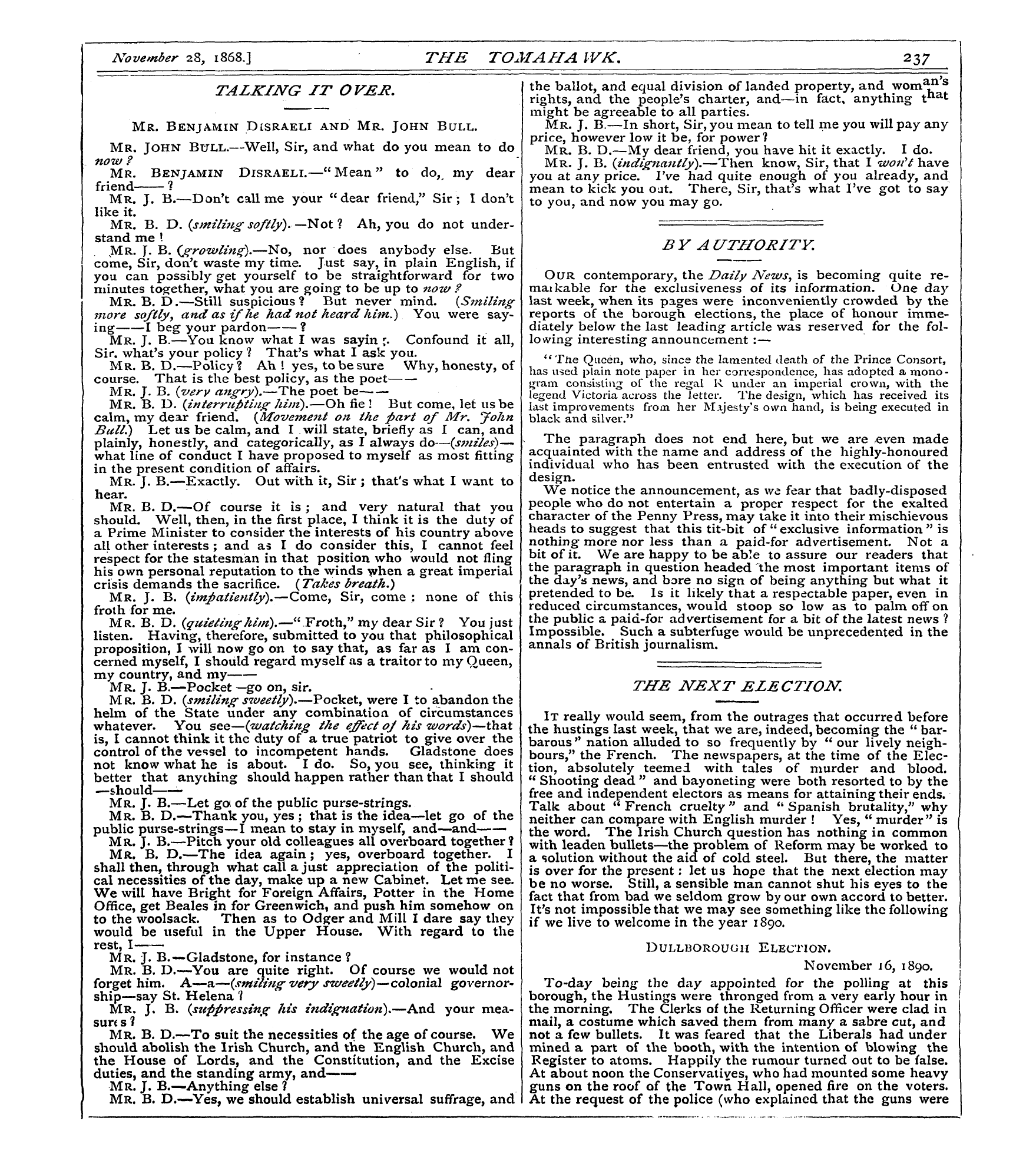 Tomahawk (1867-1870): jS F Y, 1st edition - The It Hustings Really Would Last Week S...