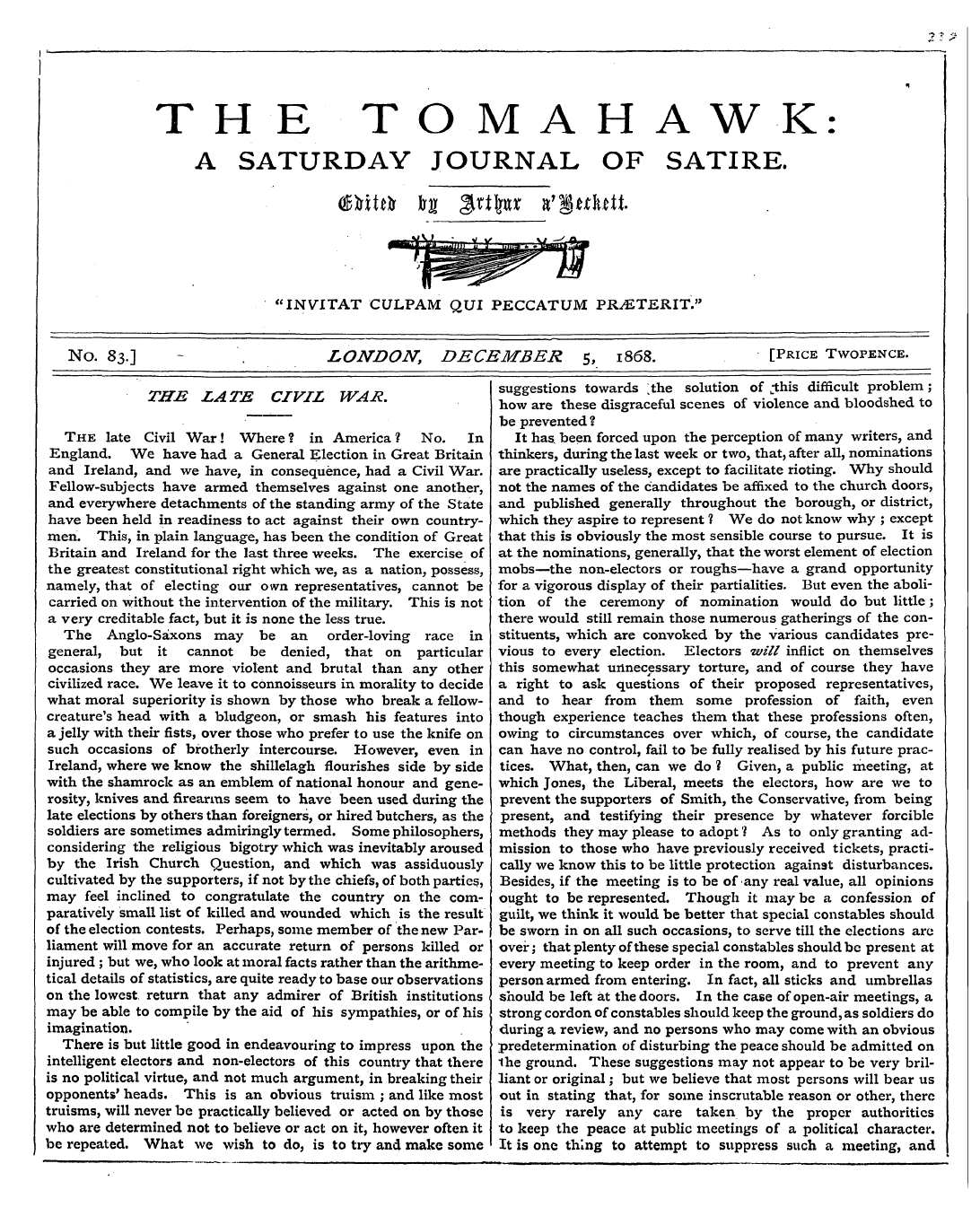 Tomahawk (1867-1870): jS F Y, 1st edition - The Late Civil War.