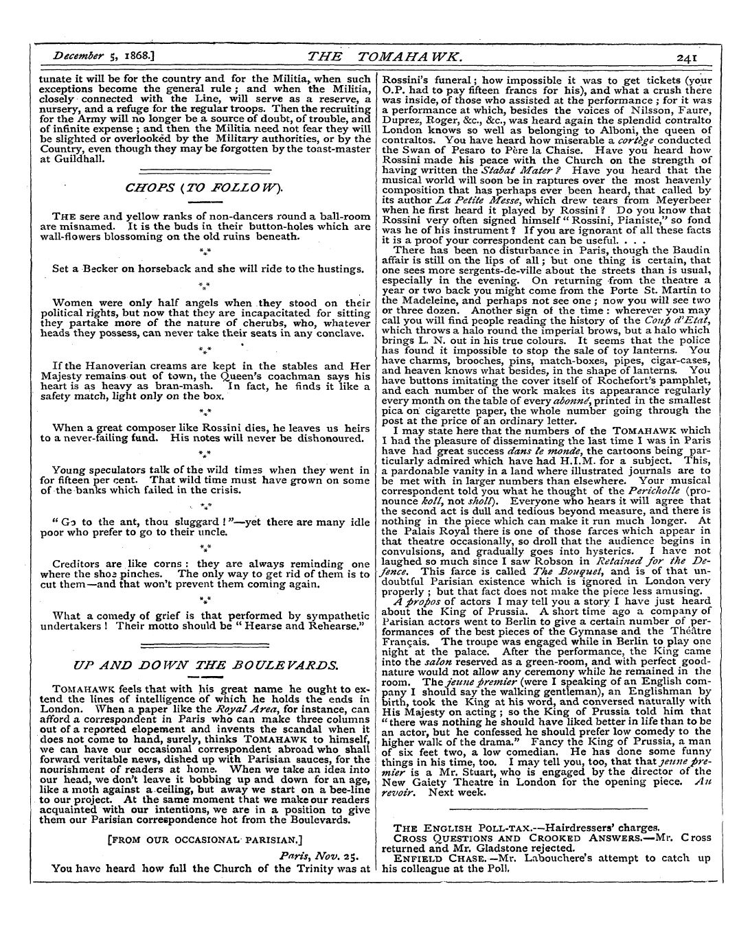 Tomahawk (1867-1870): jS F Y, 1st edition - December 5, 1868.] The Tom Ah A Wk. 241