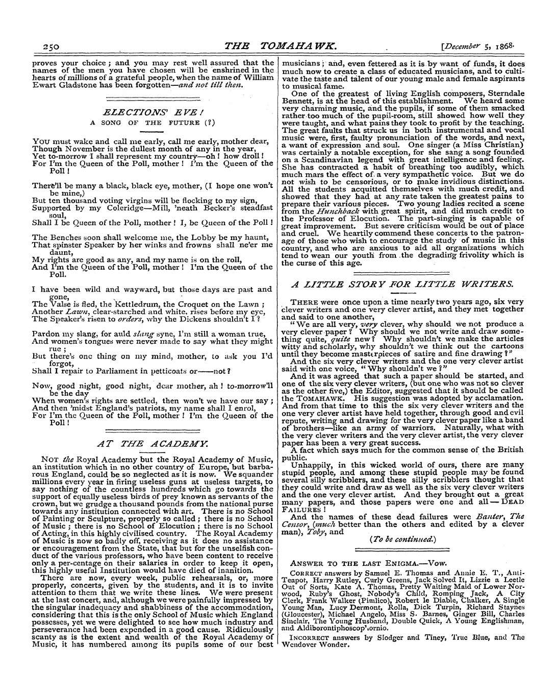 Tomahawk (1867-1870): jS F Y, 1st edition - Elections' Eve/ A Song Of The Future (?)