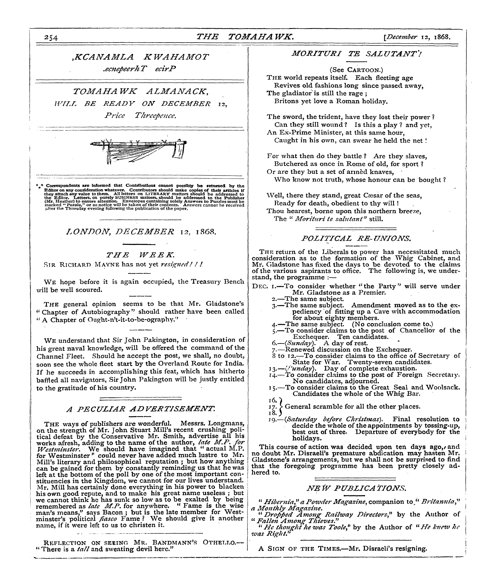 Tomahawk (1867-1870): jS F Y, 1st edition - The Week. Sir Richard Mayne Has Not Yet ...