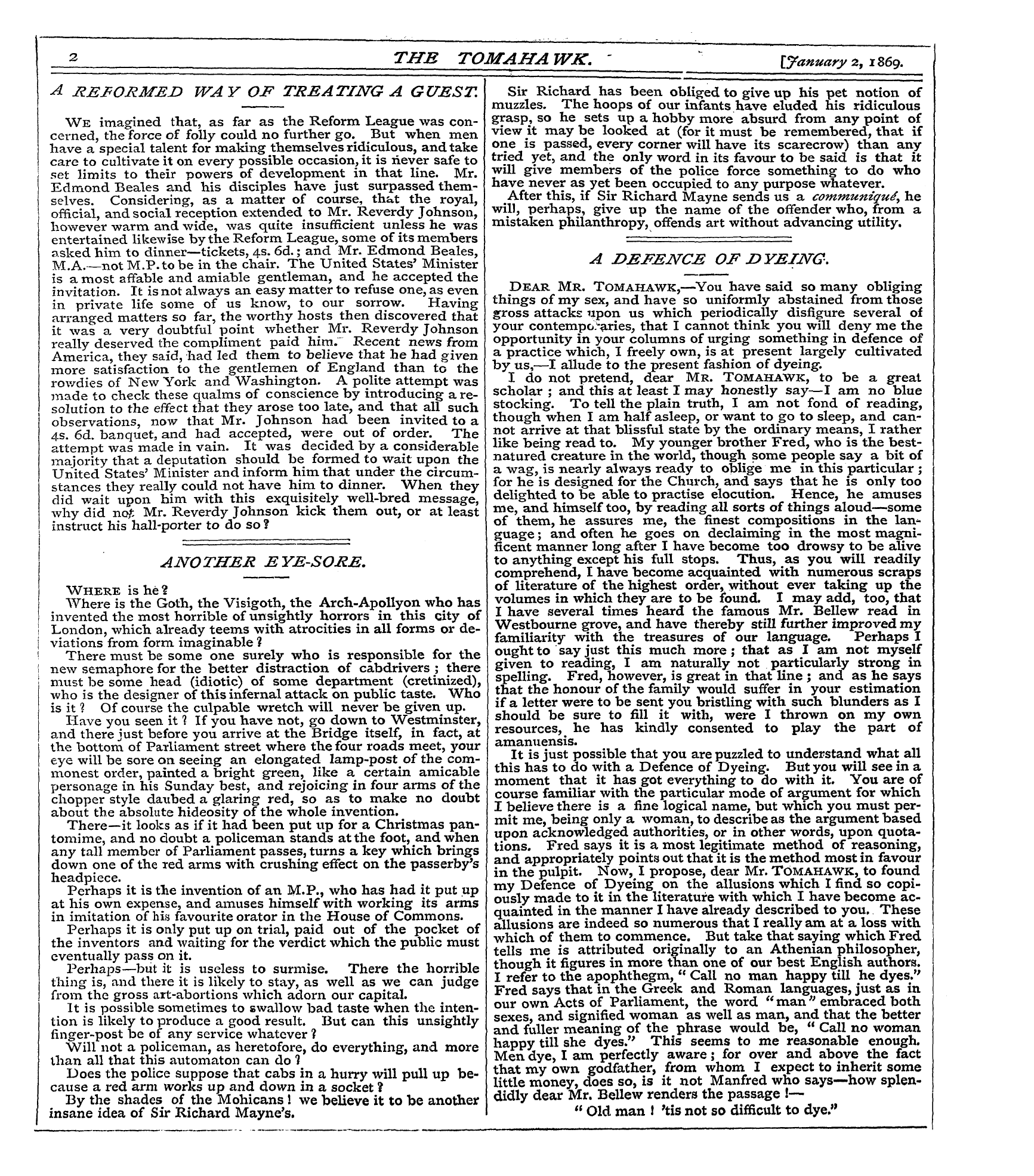 Tomahawk (1867-1870): jS F Y, 1st edition - A Defence Of Dyeing.