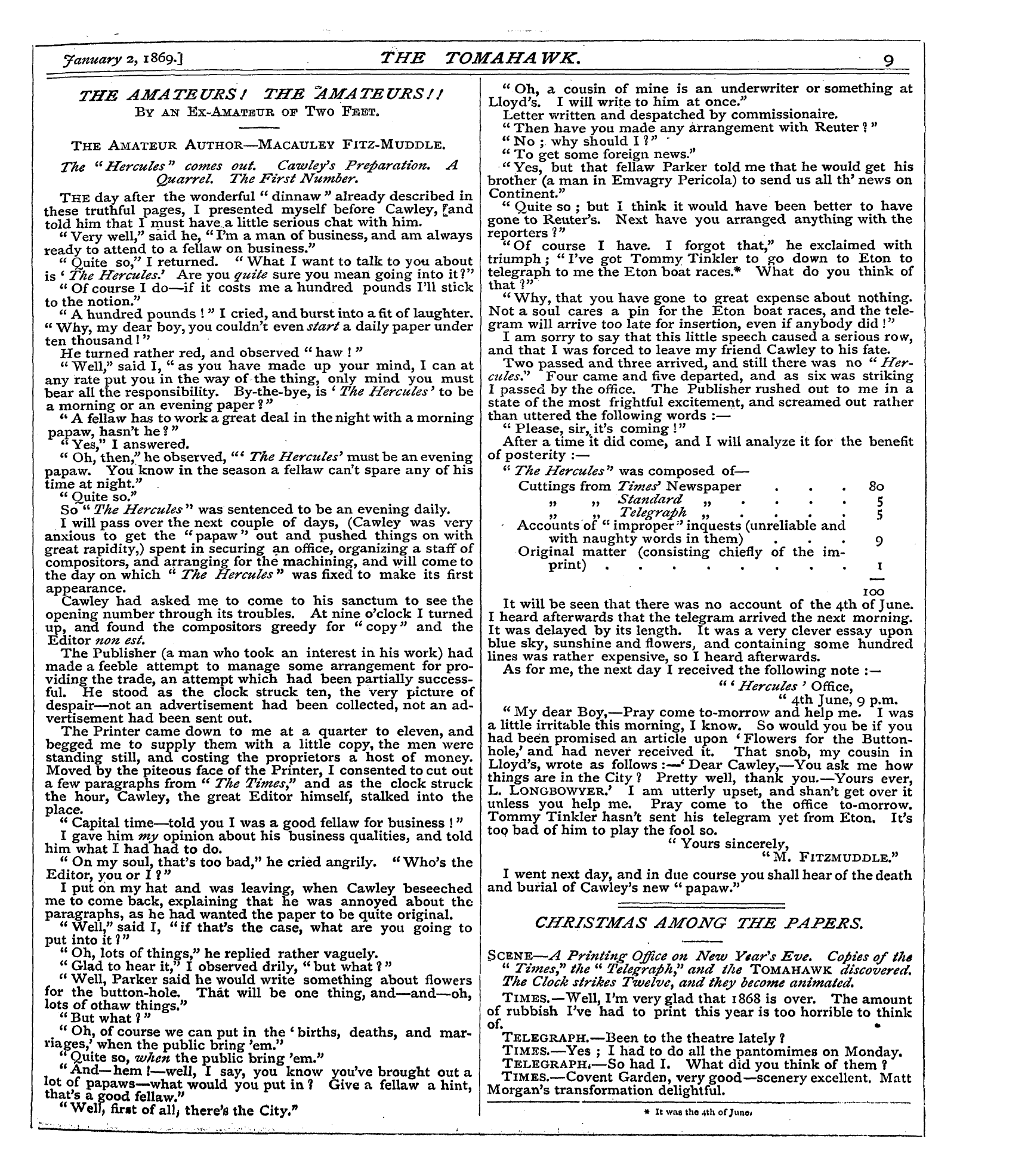 Tomahawk (1867-1870): jS F Y, 1st edition - January Z, Is6 9:\ The Tomaha Wk. 9