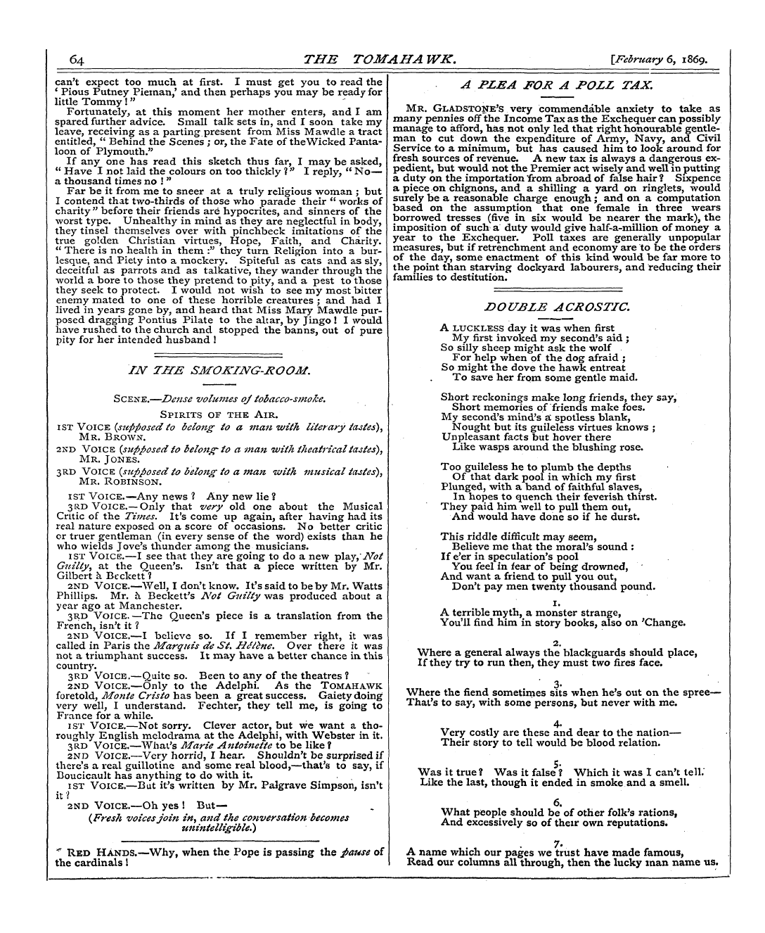 Tomahawk (1867-1870): jS F Y, 1st edition - 64 The Tomahawk. [February 6, 1869.