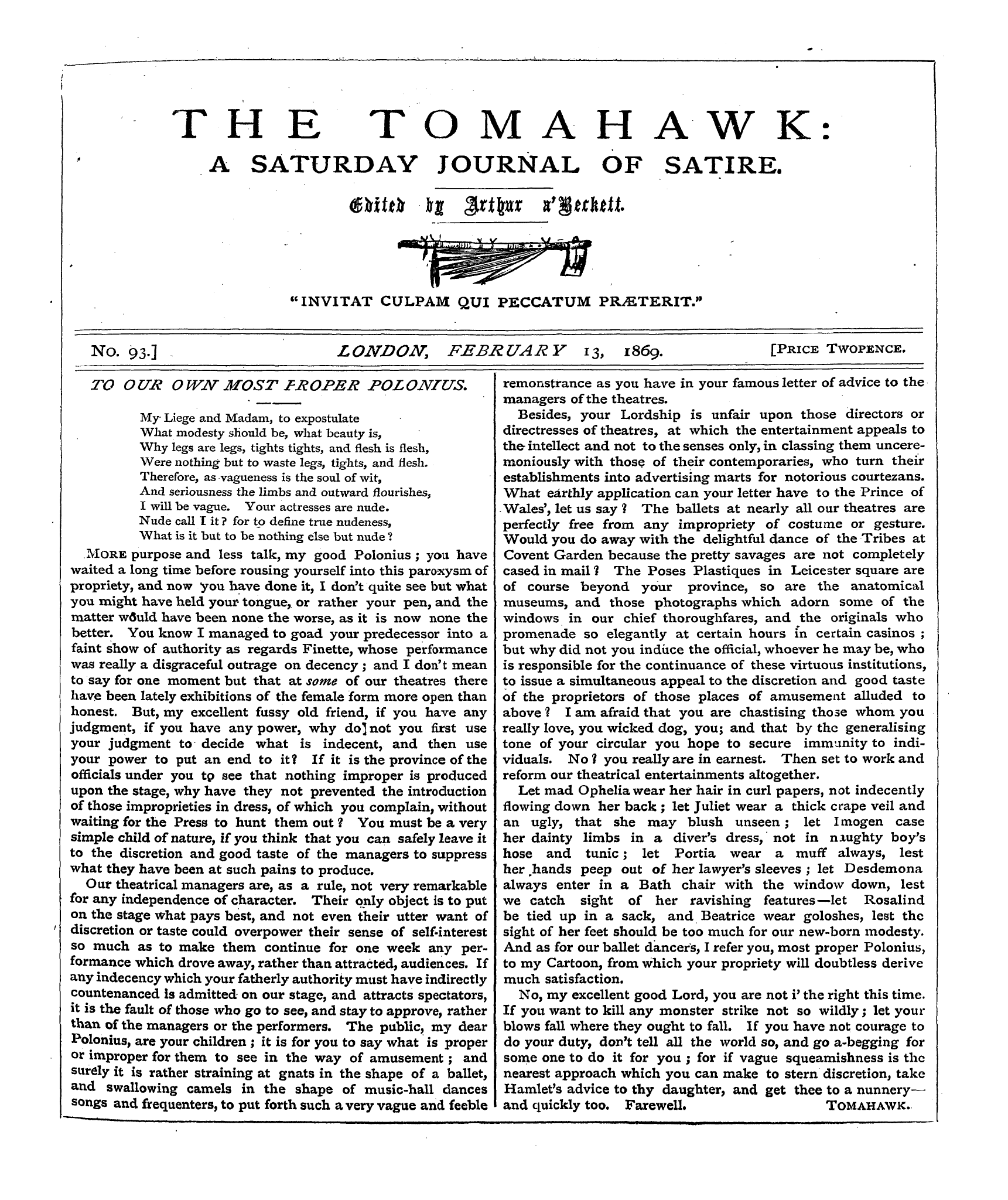 Tomahawk (1867-1870): jS F Y, 1st edition - My Liege And Madam, To Expostulate What ...