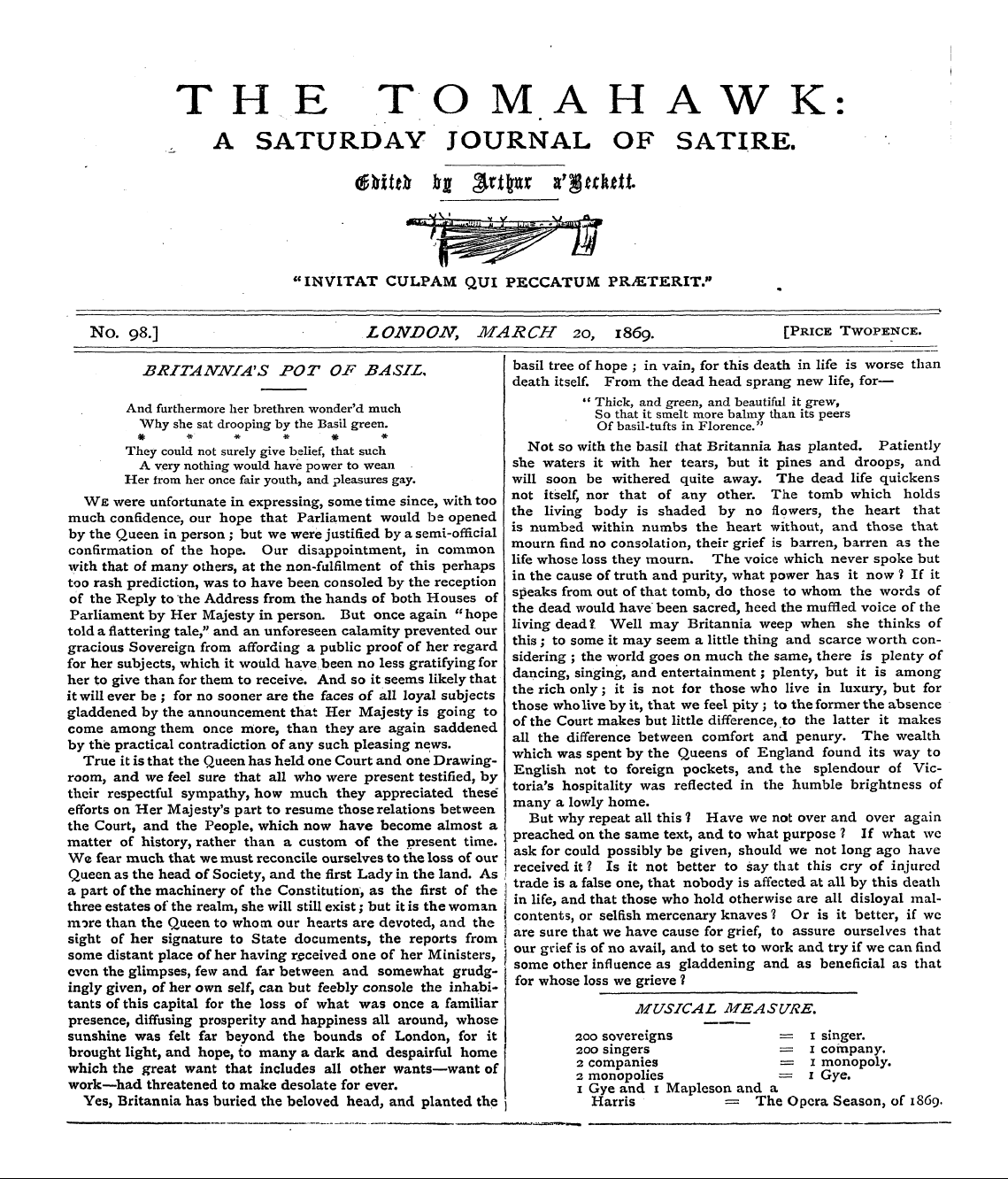 Tomahawk (1867-1870): jS F Y, 1st edition - The Tomahawk:. A Saturday Journal Of Sat...