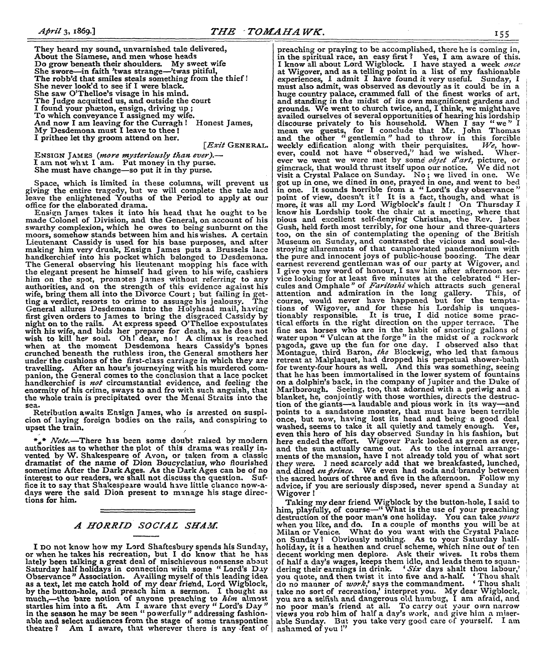 Tomahawk (1867-1870): jS F Y, 1st edition - A Horrtn Social Sham.