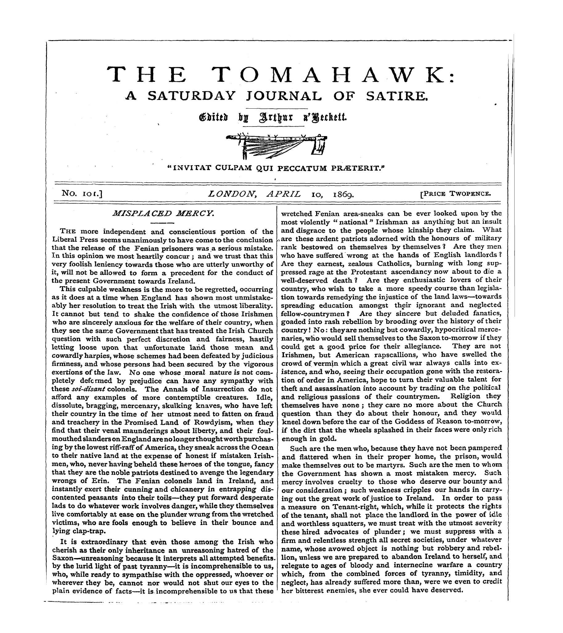 Tomahawk (1867-1870): jS F Y, 1st edition - The Tomahawk: A Saturday Journal Of Sati...