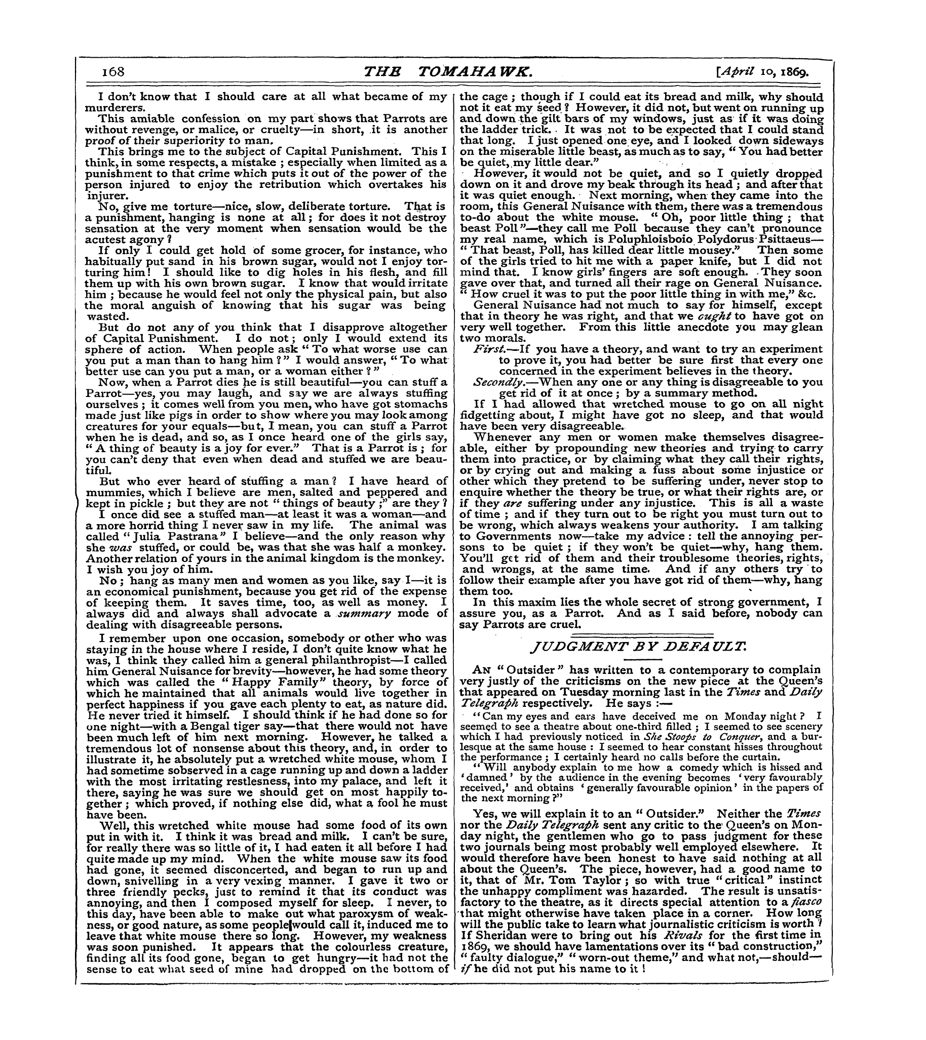 Tomahawk (1867-1870): jS F Y, 1st edition - 168 The Tomaha Wk. Japril 10 , 1869.