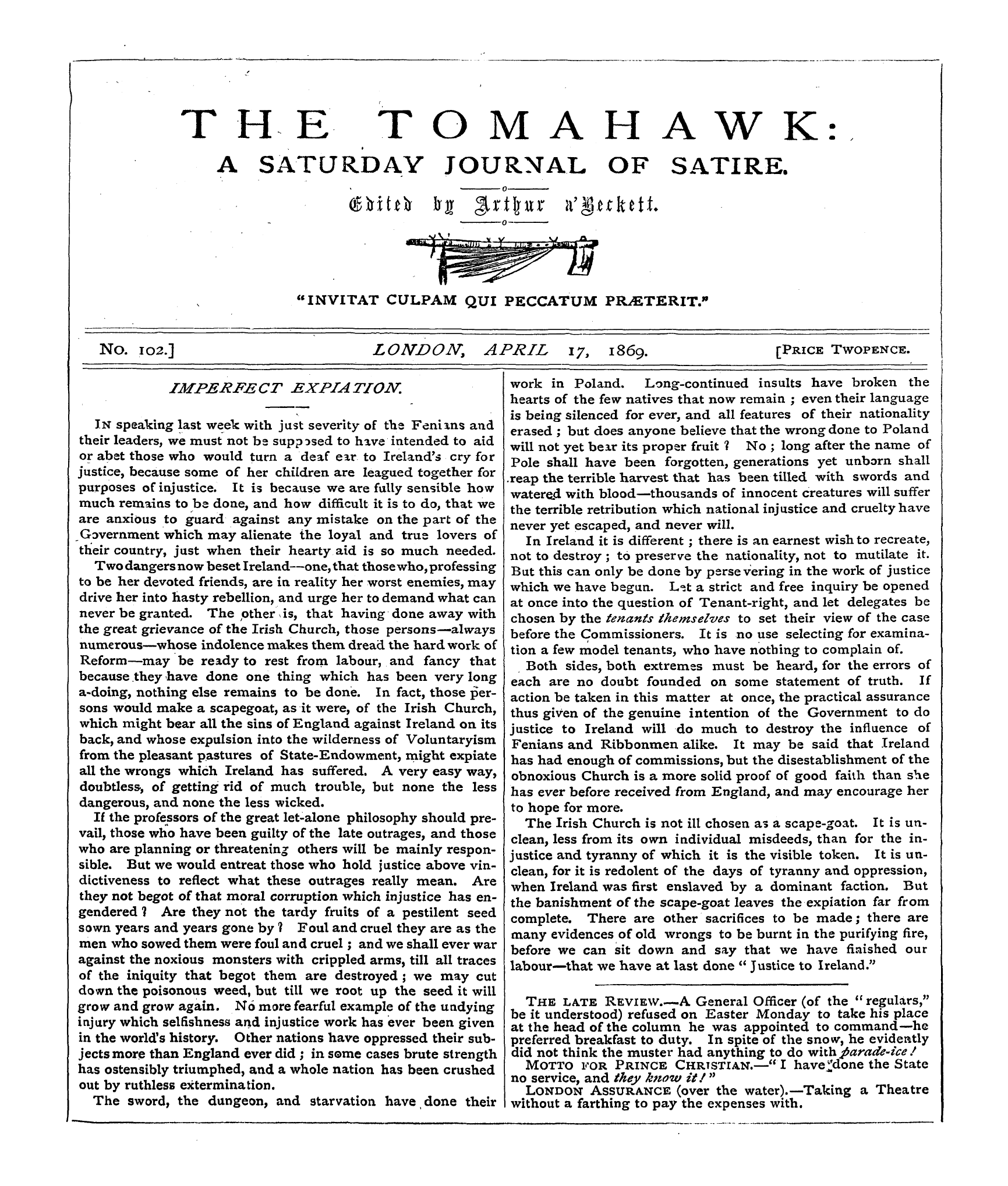 Tomahawk (1867-1870): jS F Y, 1st edition - Be The It Und Lat Erstood E Review ) Ref...