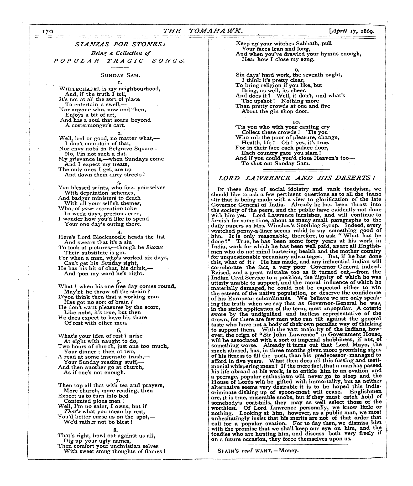 Tomahawk (1867-1870): jS F Y, 1st edition - Spain's Real Want.—Money.