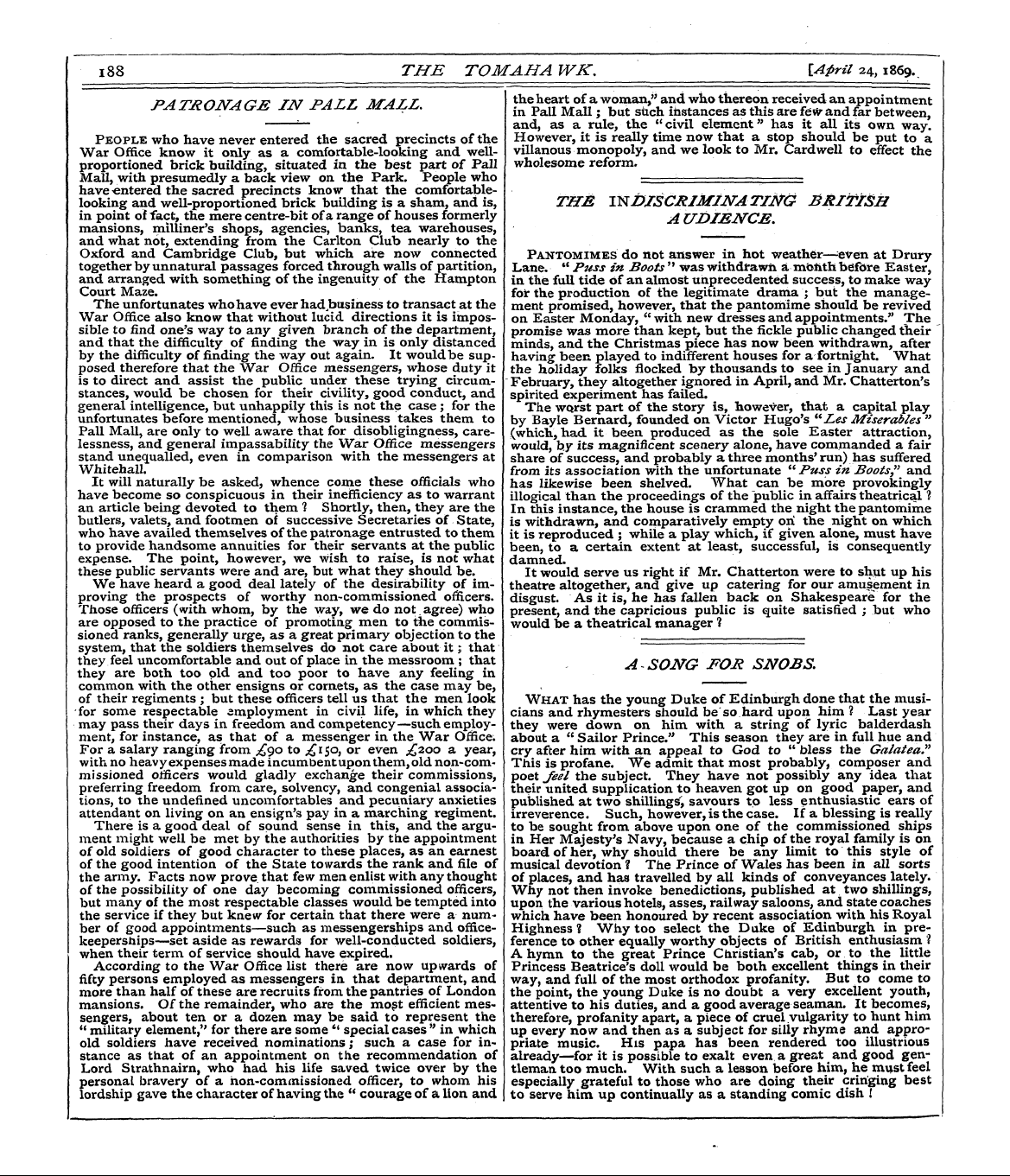 Tomahawk (1867-1870): jS F Y, 1st edition - Patronage In Pall Mall.