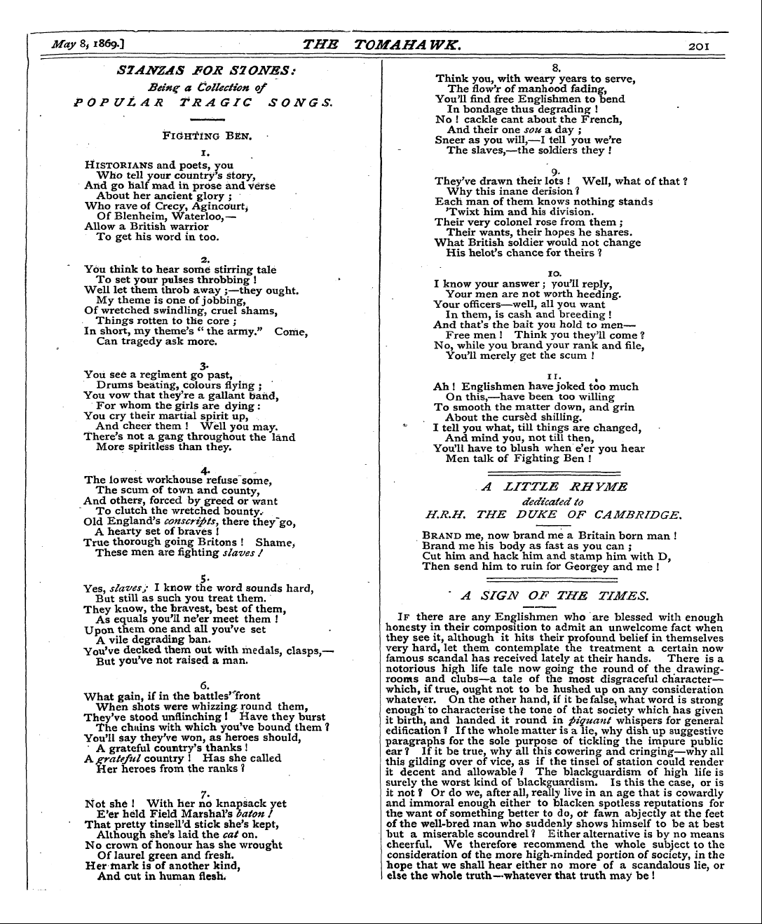 Tomahawk (1867-1870): jS F Y, 1st edition - A Little Rhyme Dedicated To H.R.H. The Duke Of Cambridge,