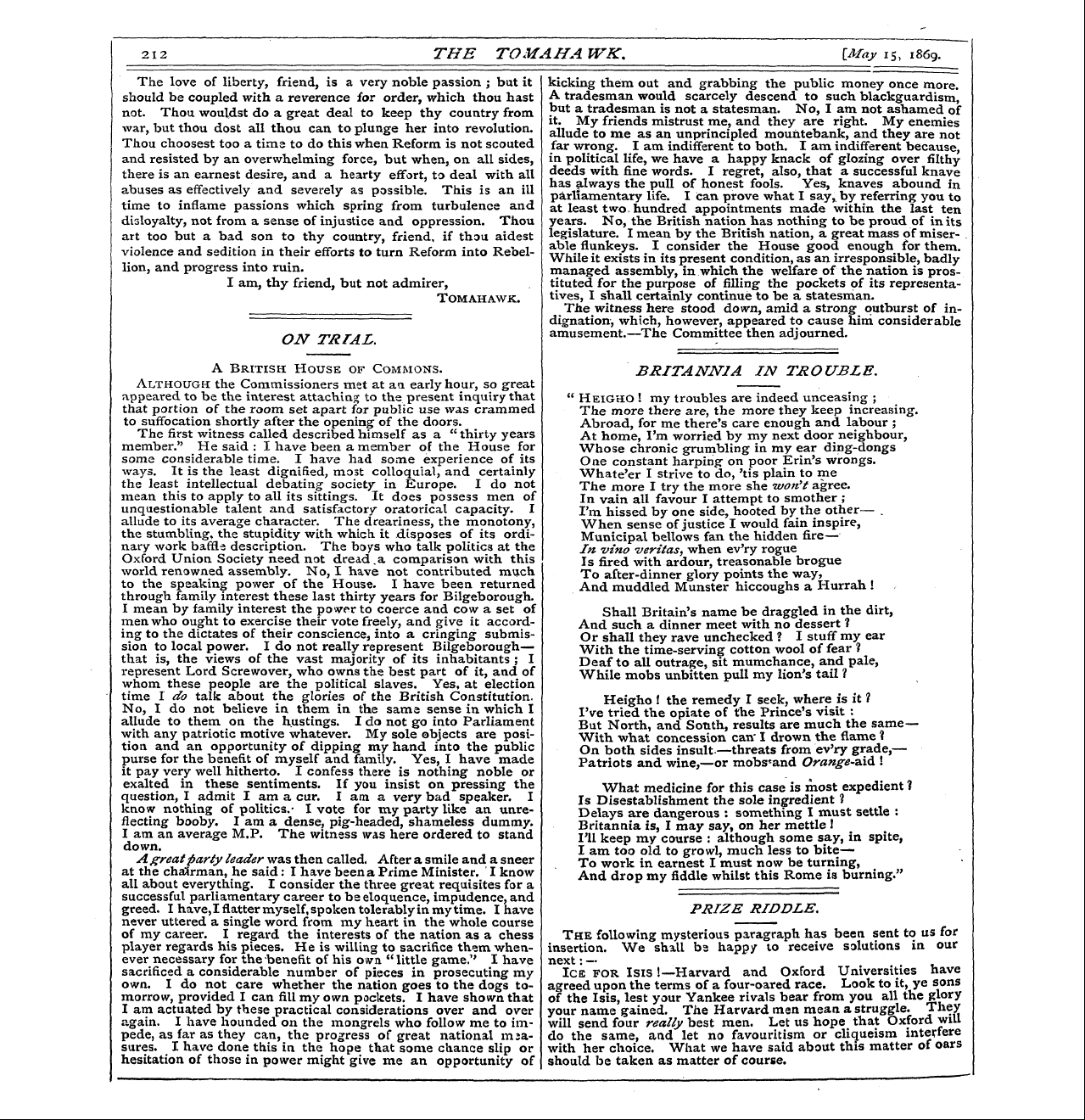 Tomahawk (1867-1870): jS F Y, 1st edition - On Trial.