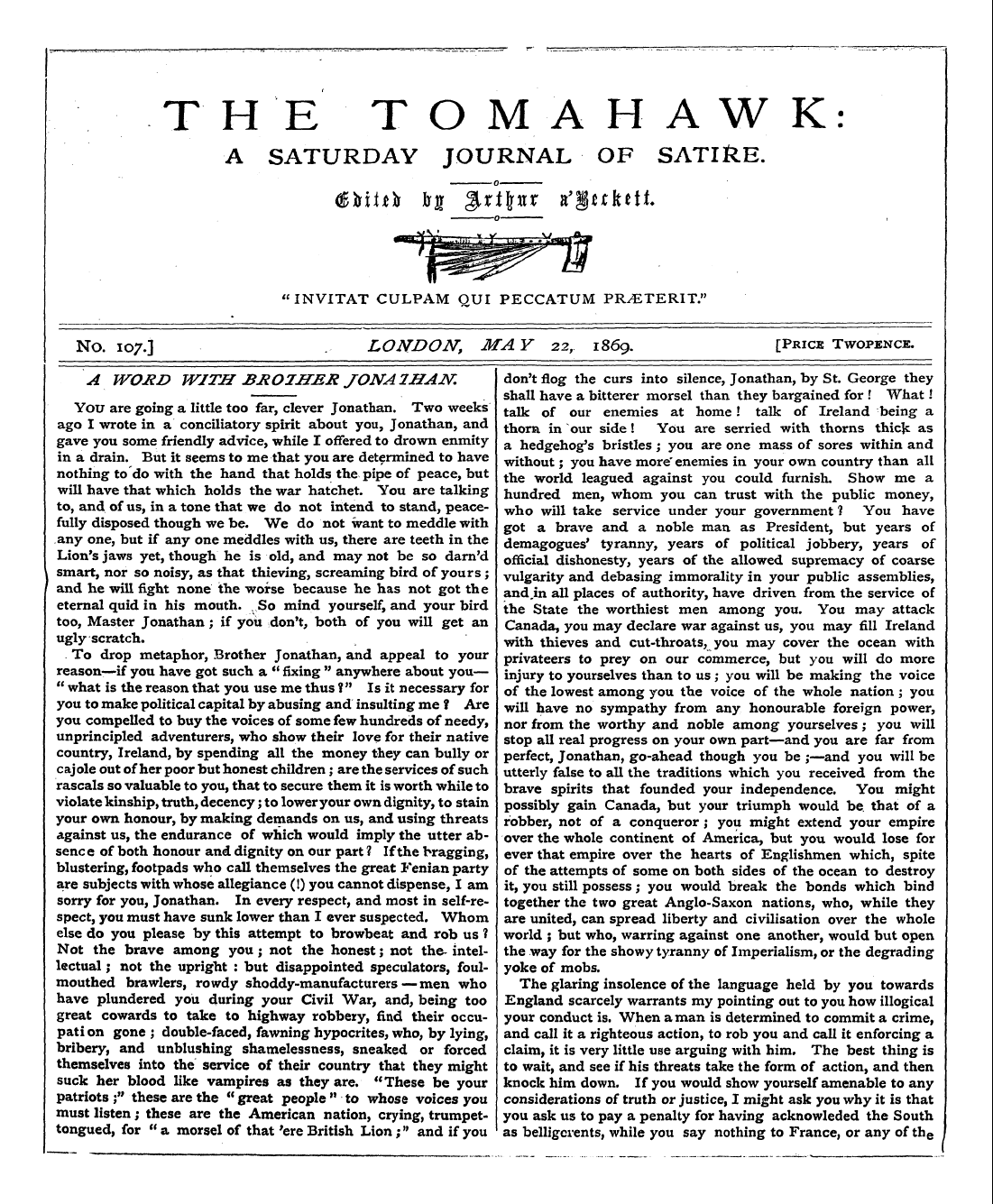 Tomahawk (1867-1870): jS F Y, 1st edition - No. 107.] . London, Ma Y 22,. 186 9. [Pr...