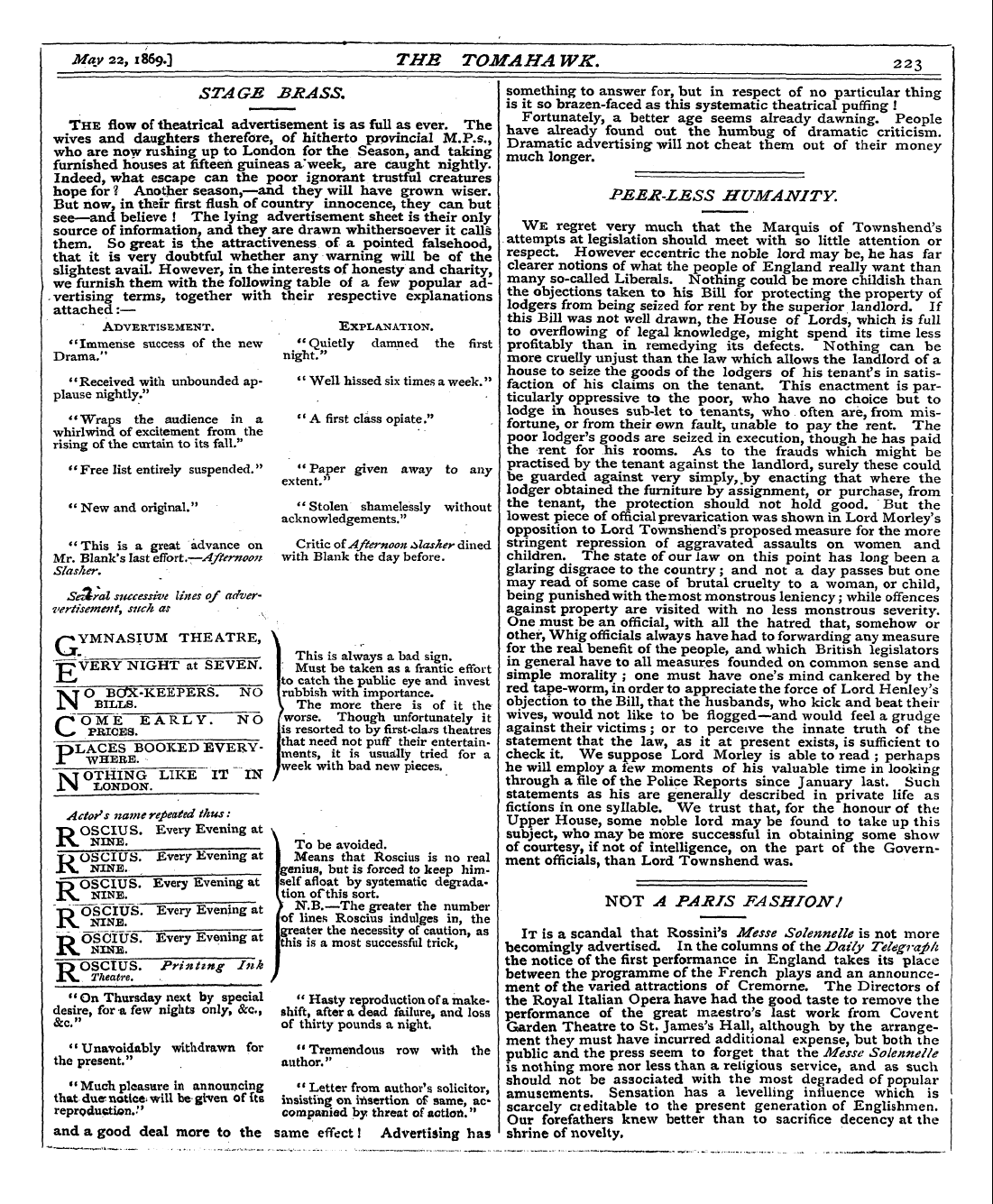 Tomahawk (1867-1870): jS F Y, 1st edition - The Flow Of Theatrical Advertisement Is ...