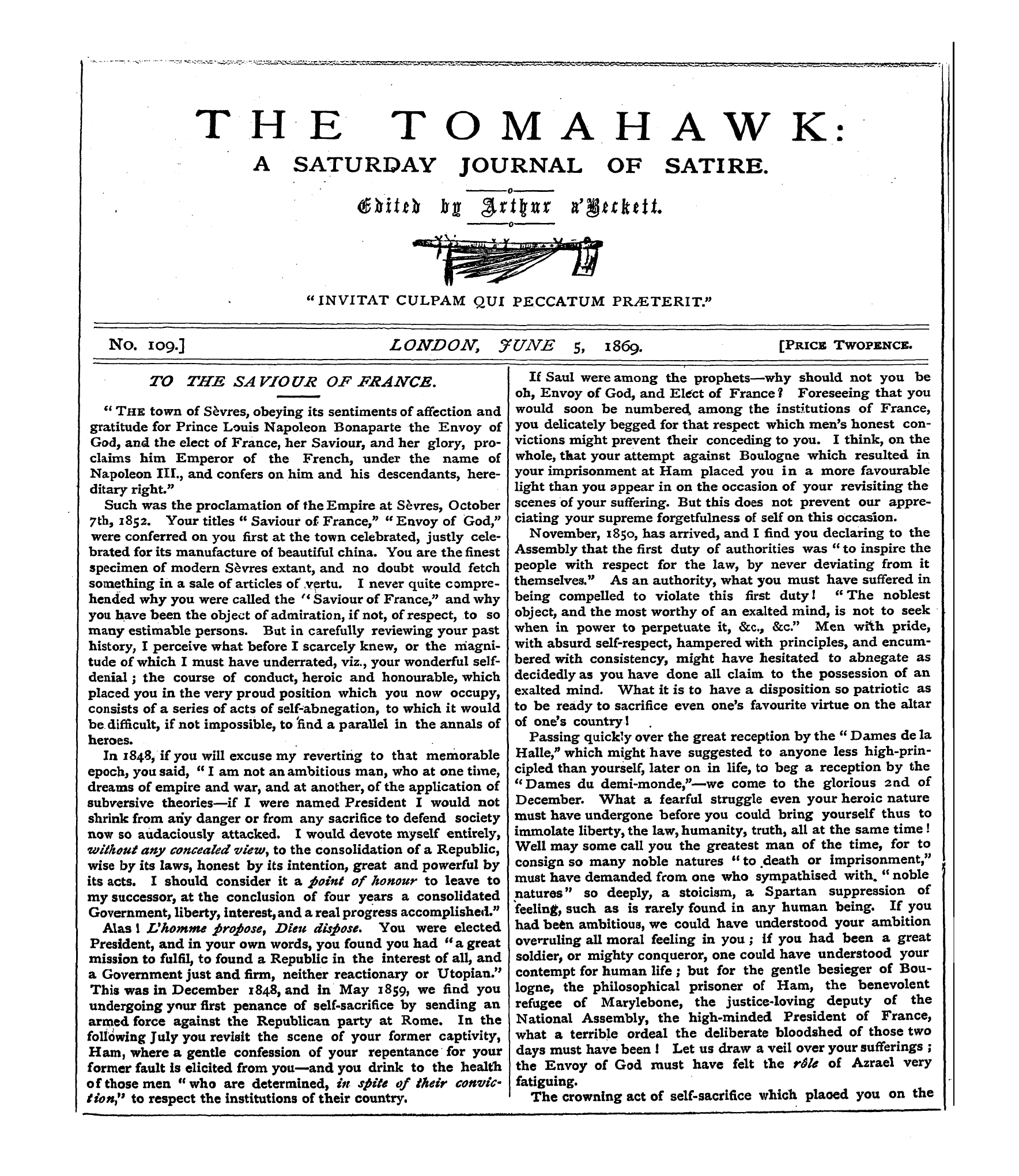 Tomahawk (1867-1870): jS F Y, 1st edition - The Tomahawk: A Saturday Journal Of Sati...