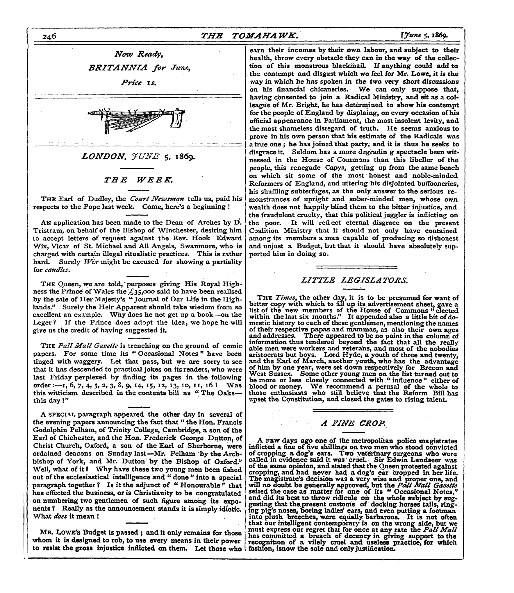 Tomahawk (1867-1870): jS F Y, 1st edition - Mr. Lowe's Budget Is Passed ; And It Onl...