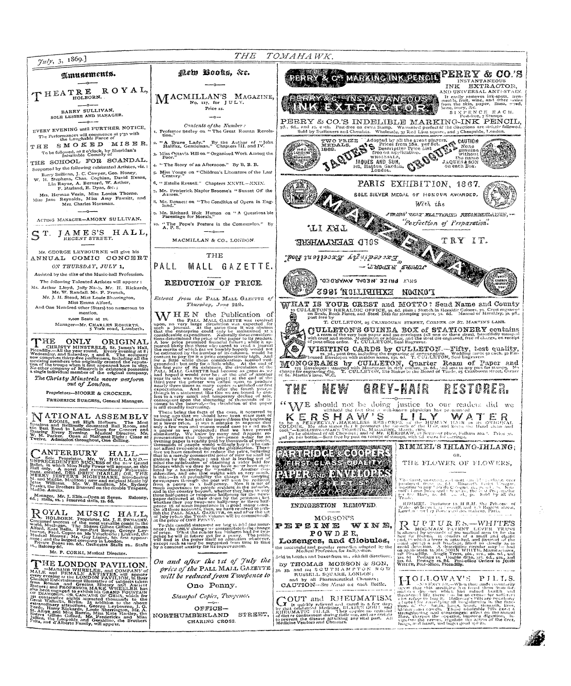 Tomahawk (1867-1870): jS F Y, 1st edition - Ad01309