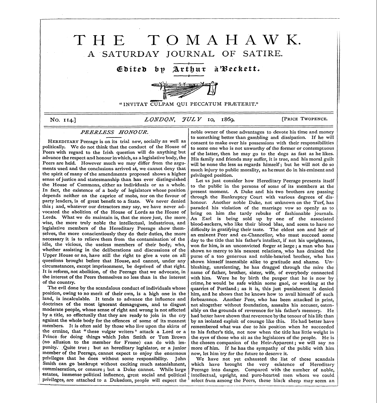 Tomahawk (1867-1870): jS F Y, 1st edition - Hereditary Peerage Is On Its Trial Now, ...