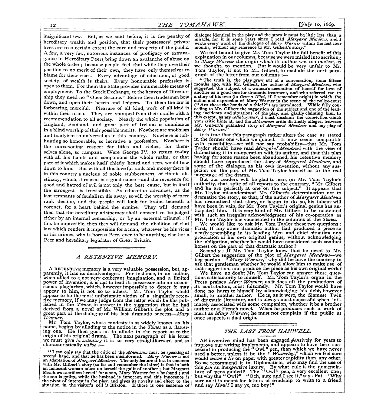 Tomahawk (1867-1870): jS F Y, 1st edition - Hereditary Peerage Is On Its Trial Now, ...