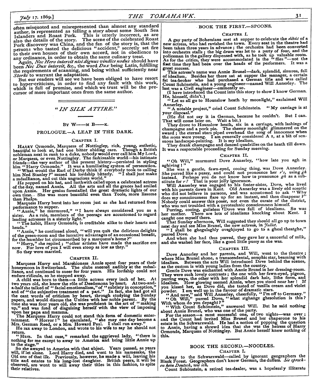 Tomahawk (1867-1870): jS F Y, 1st edition - Book The First.—Spoons. New A Actr Gay E...