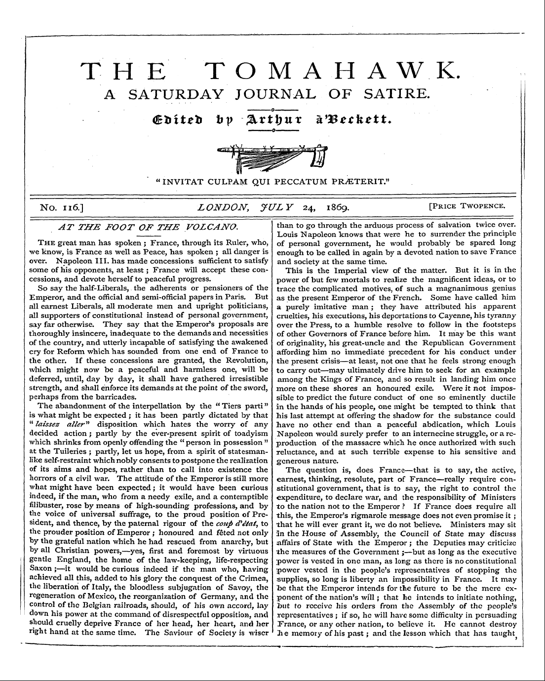Tomahawk (1867-1870): jS F Y, 1st edition - The T O M A H A W K. A Saturday Journal ...