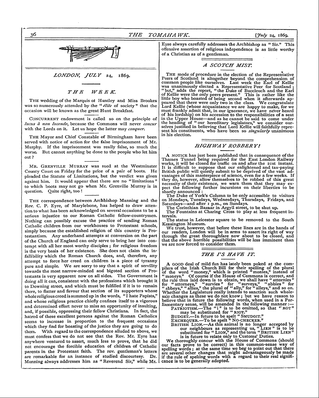 Tomahawk (1867-1870): jS F Y, 1st edition - 3<3 The Tomaha Wk. \Juty 24, 1869.